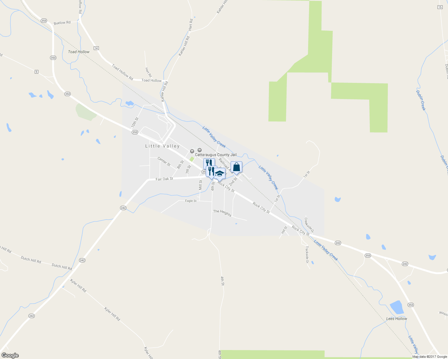 map of restaurants, bars, coffee shops, grocery stores, and more near 200 Rock City Street in Little Valley