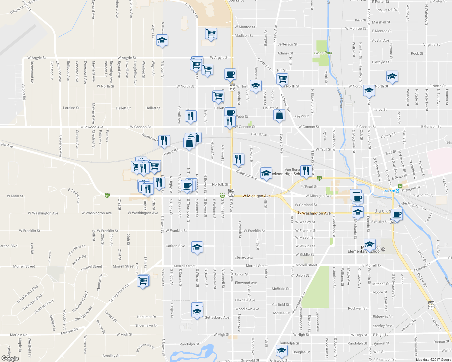 map of restaurants, bars, coffee shops, grocery stores, and more near 205 North Grinnell Street in Jackson