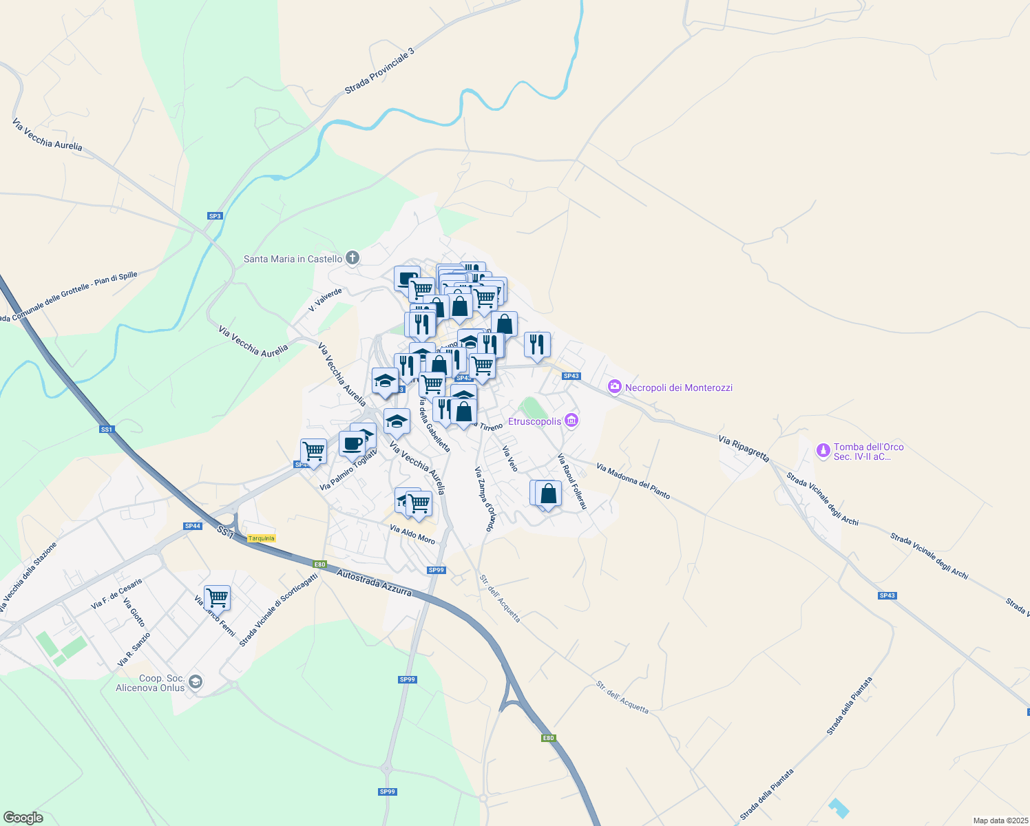 map of restaurants, bars, coffee shops, grocery stores, and more near 62 Via Tirreno in Tarquinia