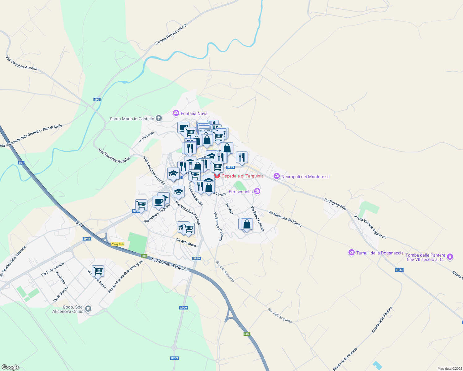 map of restaurants, bars, coffee shops, grocery stores, and more near 62 Via Tirreno in Tarquinia