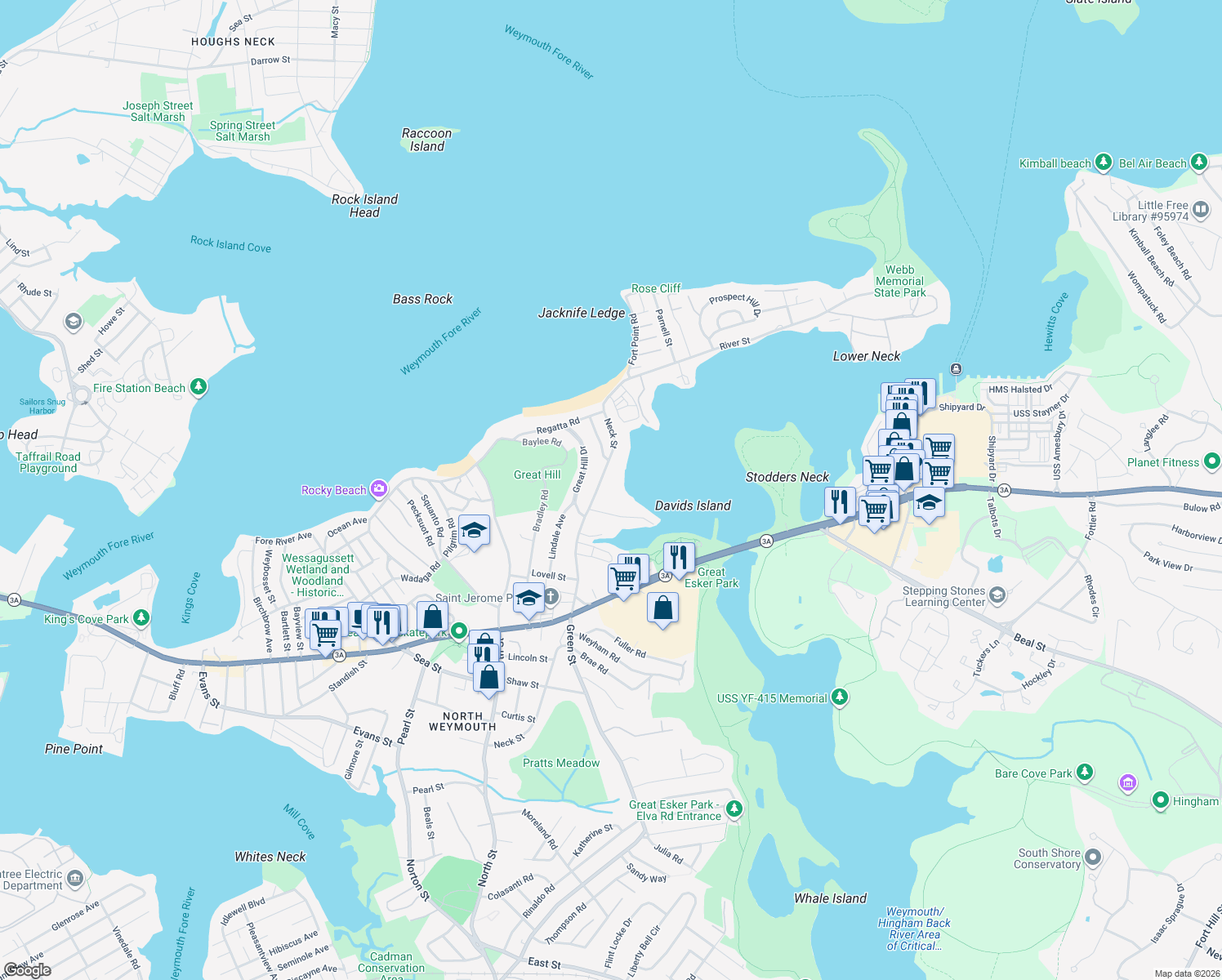 map of restaurants, bars, coffee shops, grocery stores, and more near 345 Neck Street in Weymouth