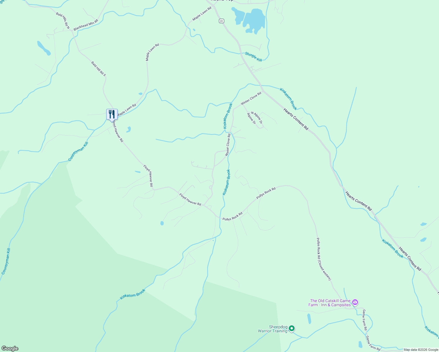 map of restaurants, bars, coffee shops, grocery stores, and more near 321 Winter Clove Rd in Round Top