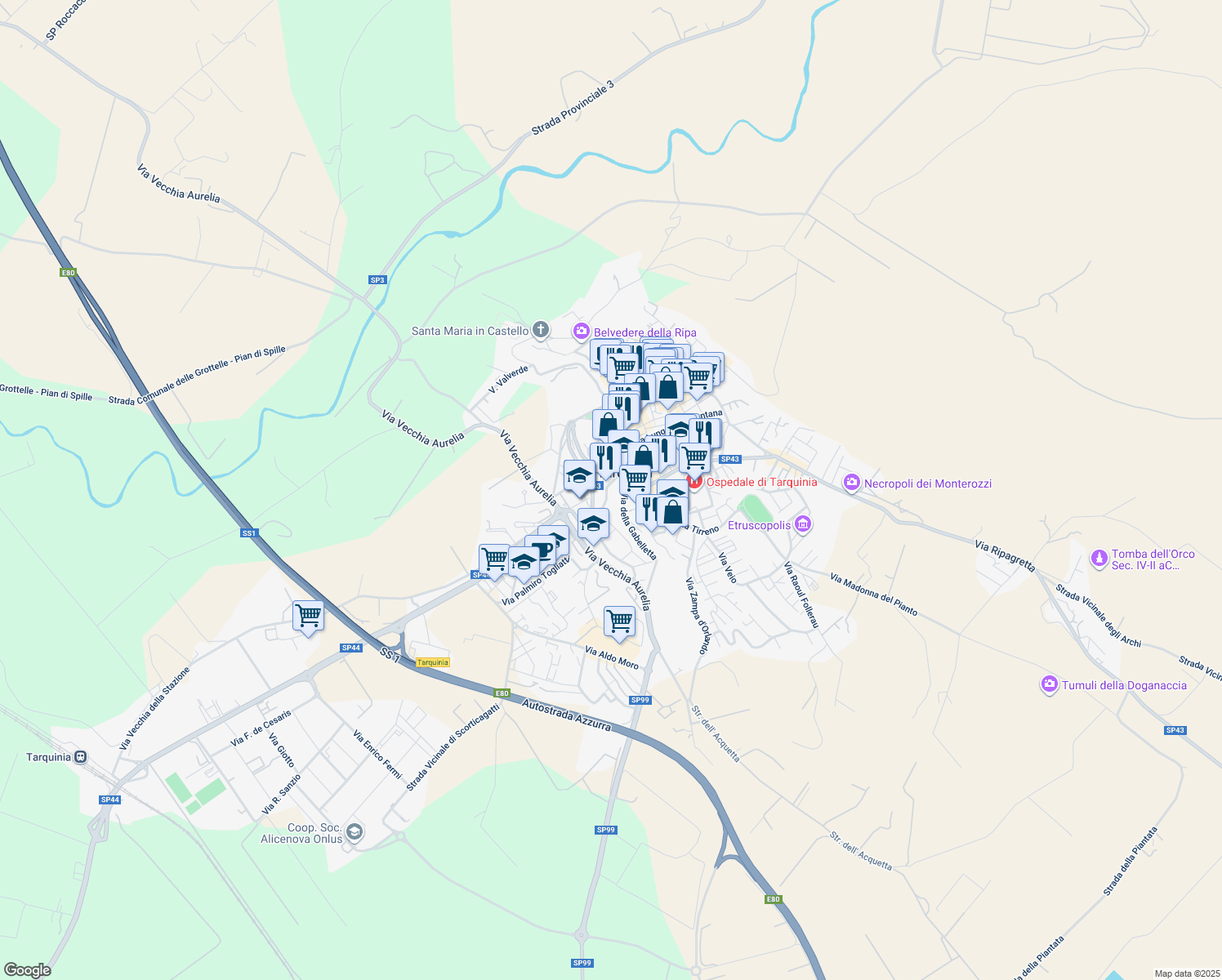 map of restaurants, bars, coffee shops, grocery stores, and more near in Tarquinia
