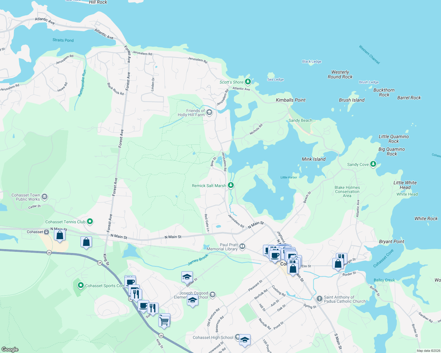 map of restaurants, bars, coffee shops, grocery stores, and more near 108 Jerusalem Road in Cohasset