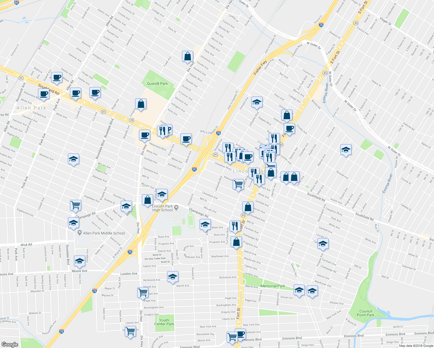 map of restaurants, bars, coffee shops, grocery stores, and more near 1527 Philomene Boulevard in Lincoln Park