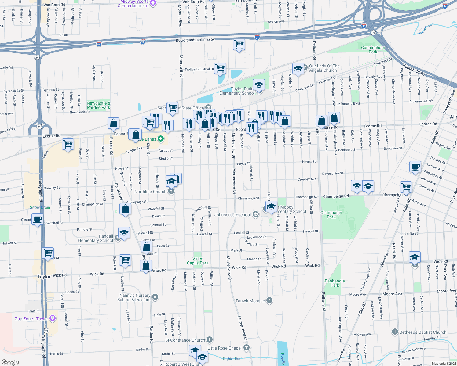 map of restaurants, bars, coffee shops, grocery stores, and more near 8011 Campbell Street in Taylor