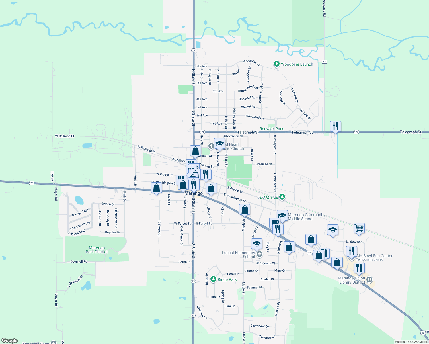 map of restaurants, bars, coffee shops, grocery stores, and more near 155 North Taylor Street in Marengo