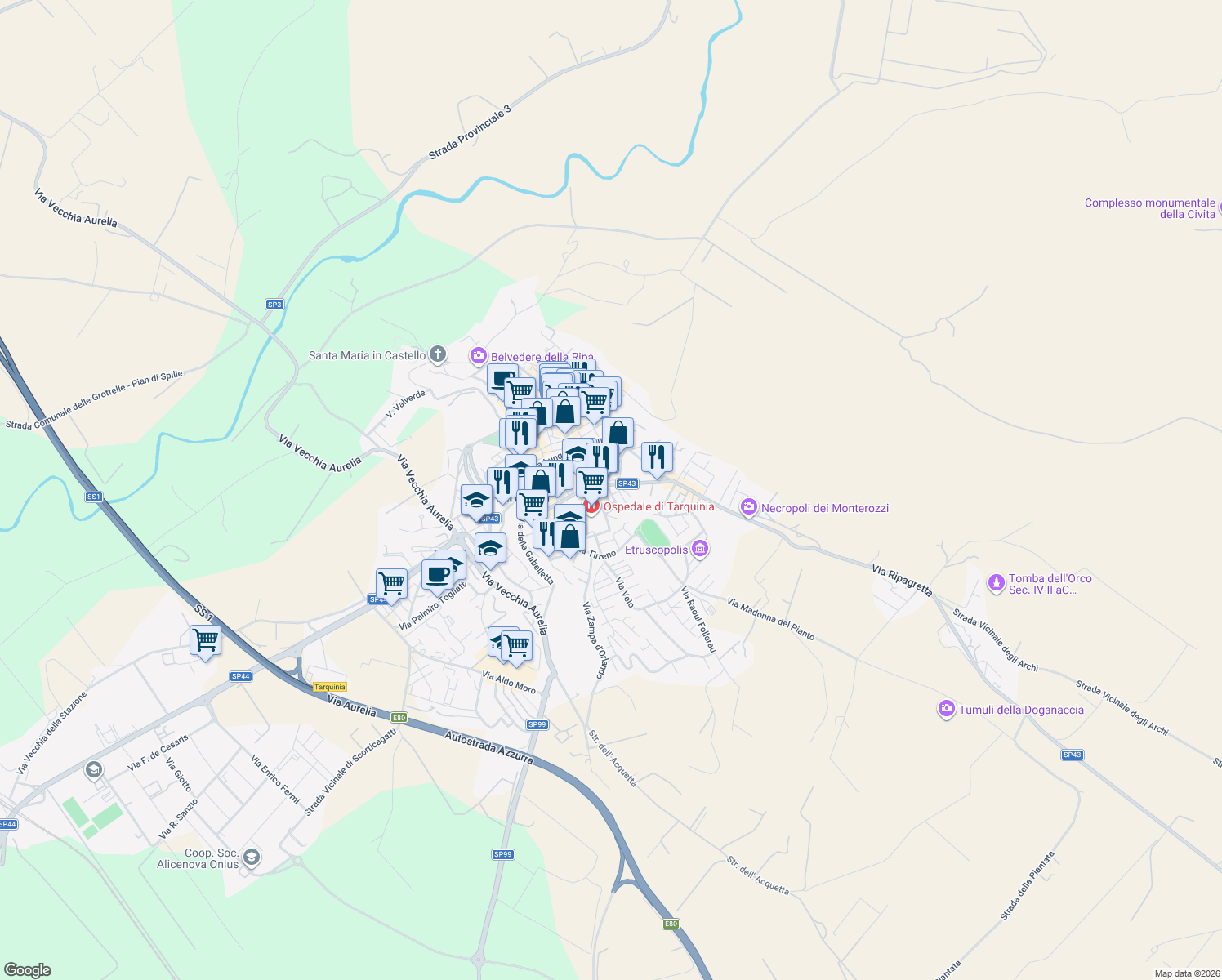 map of restaurants, bars, coffee shops, grocery stores, and more near 6 Via delle Croci in Tarquinia
