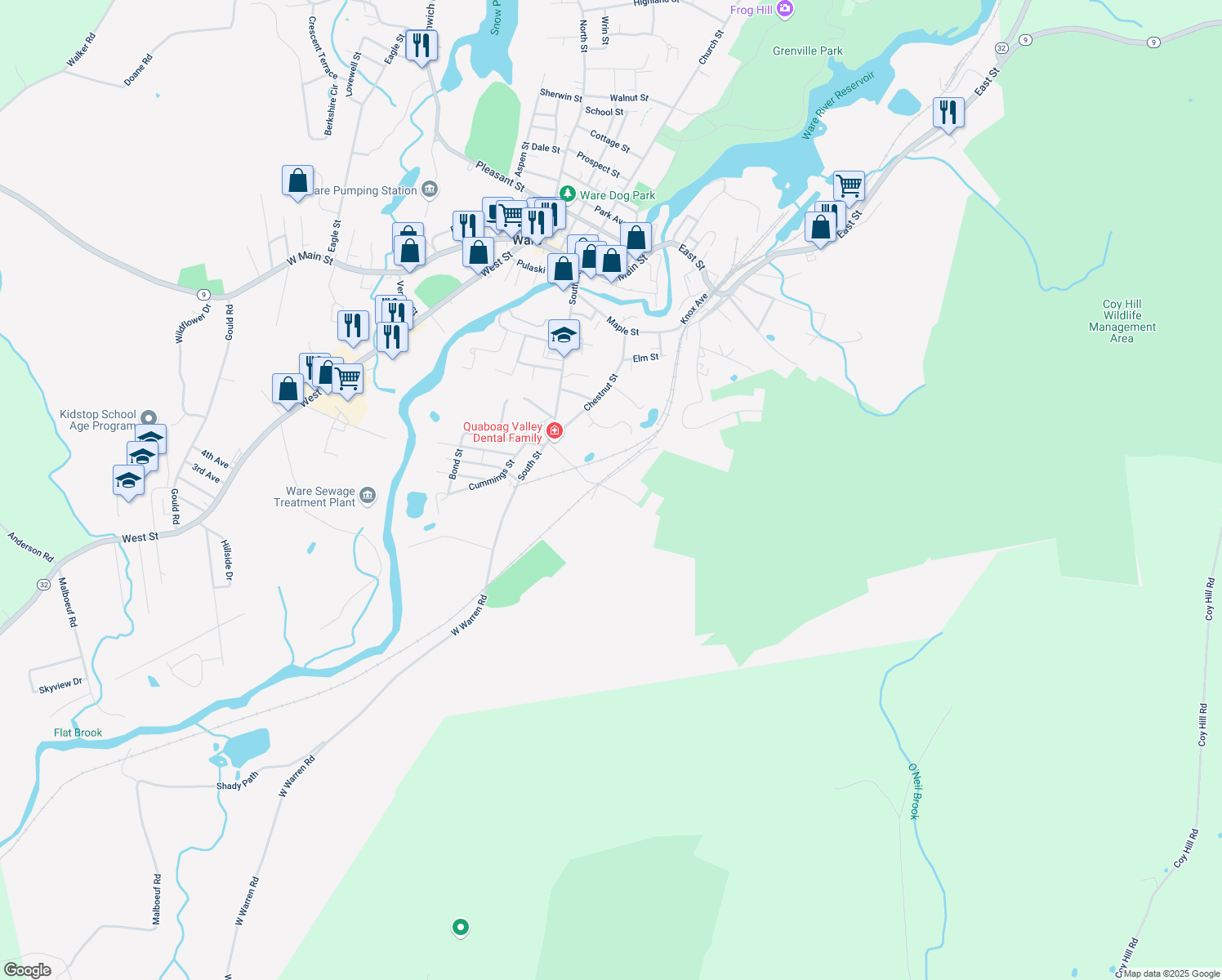 map of restaurants, bars, coffee shops, grocery stores, and more near 29 Dunham Ave in Ware