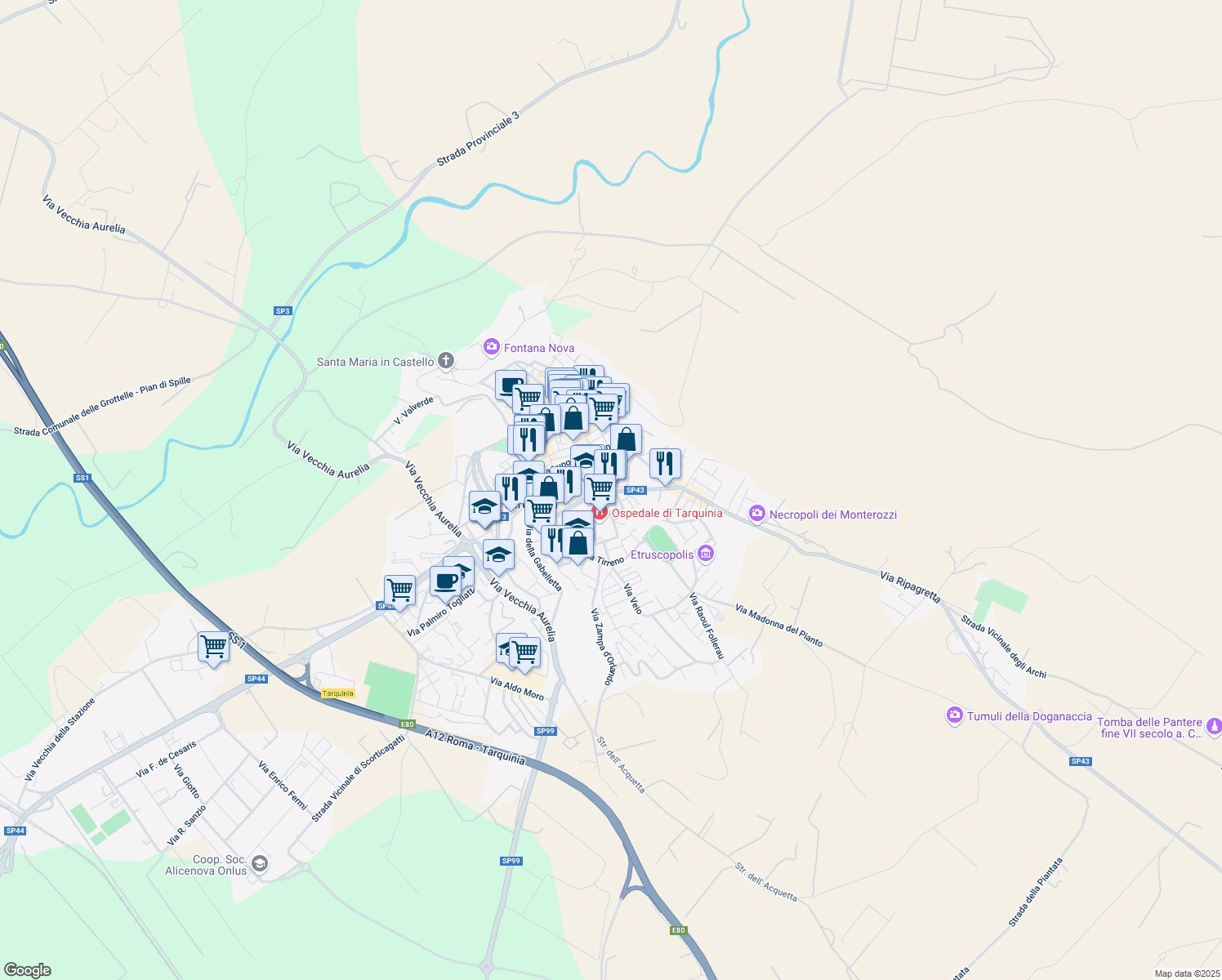 map of restaurants, bars, coffee shops, grocery stores, and more near 6 Via delle Croci in Tarquinia