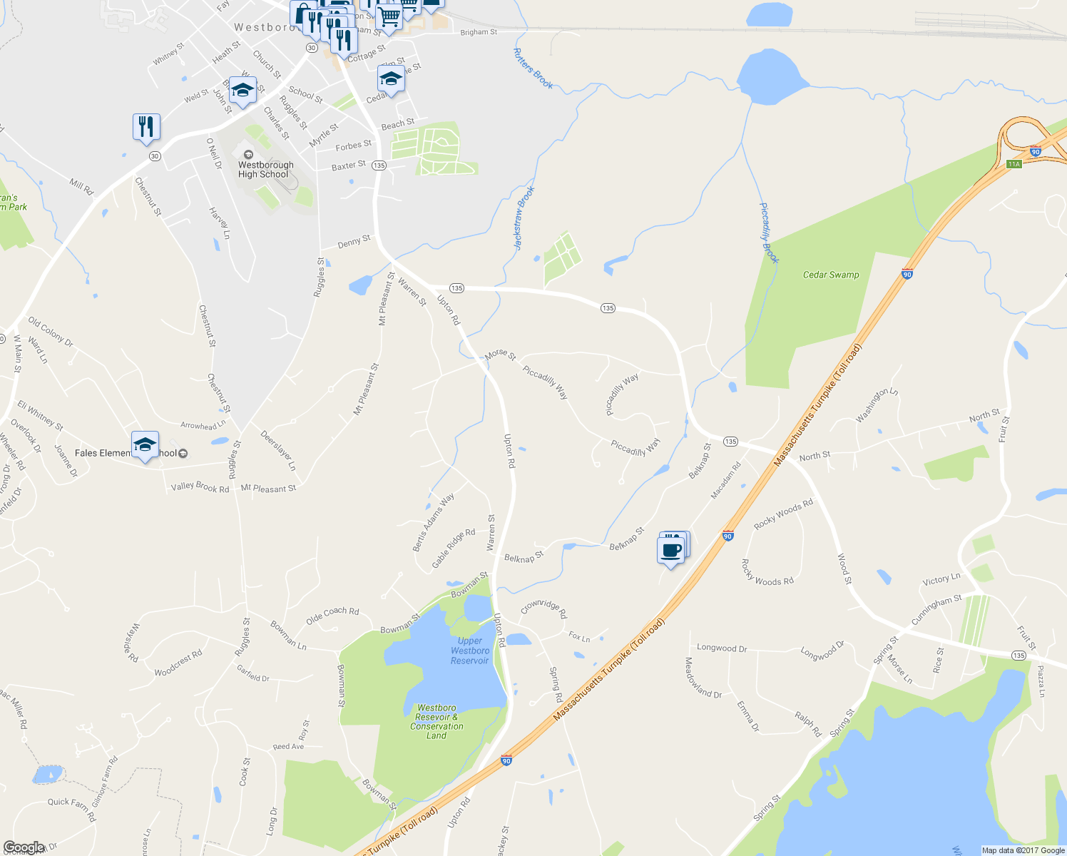 map of restaurants, bars, coffee shops, grocery stores, and more near 34 Upton Road in Westborough