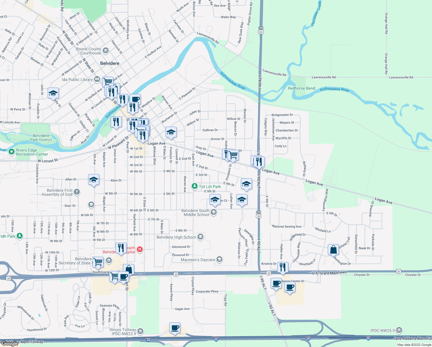 map of restaurants, bars, coffee shops, grocery stores, and more near 923 East 2nd Street in Belvidere