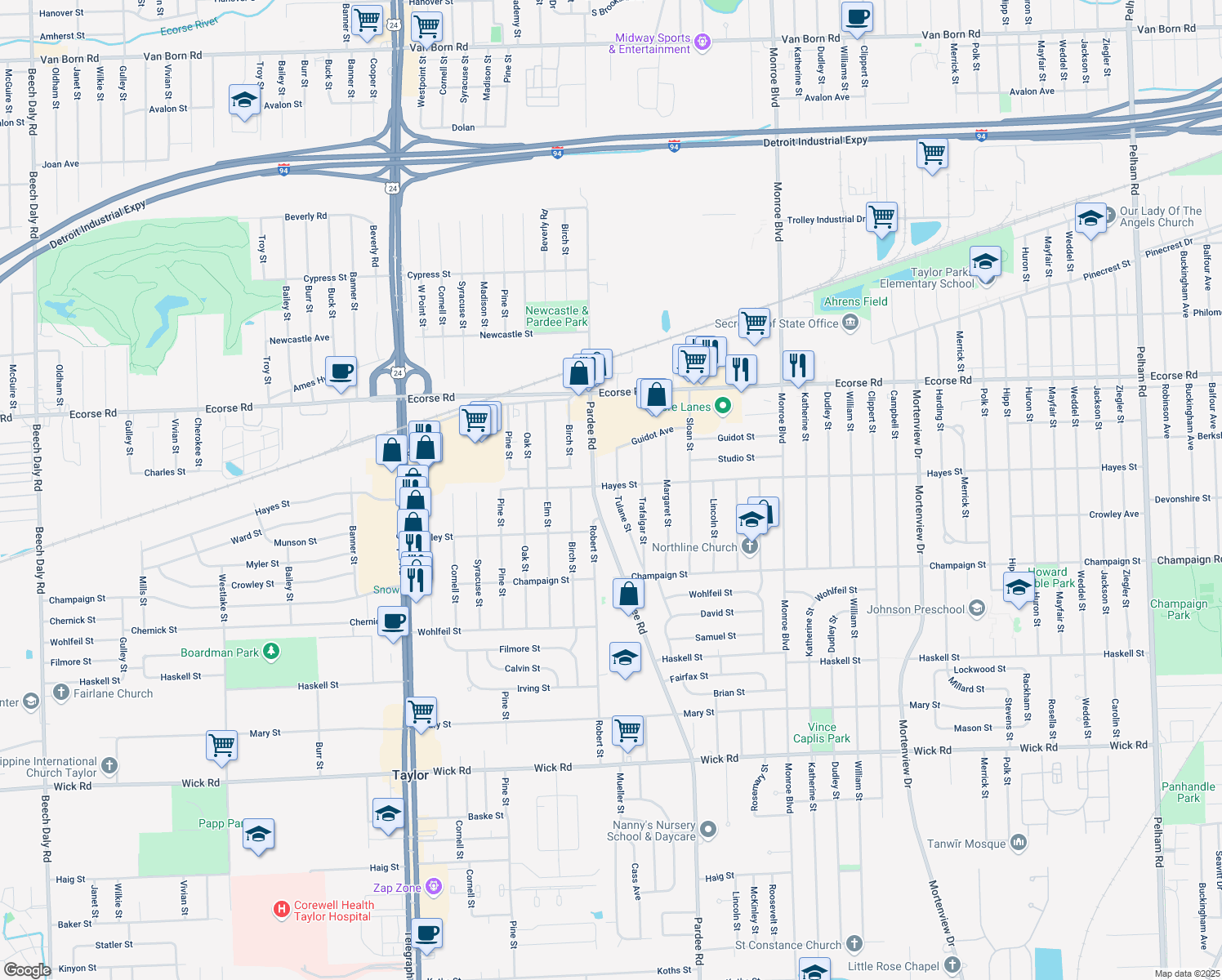map of restaurants, bars, coffee shops, grocery stores, and more near 7806 Tulane Street in Taylor