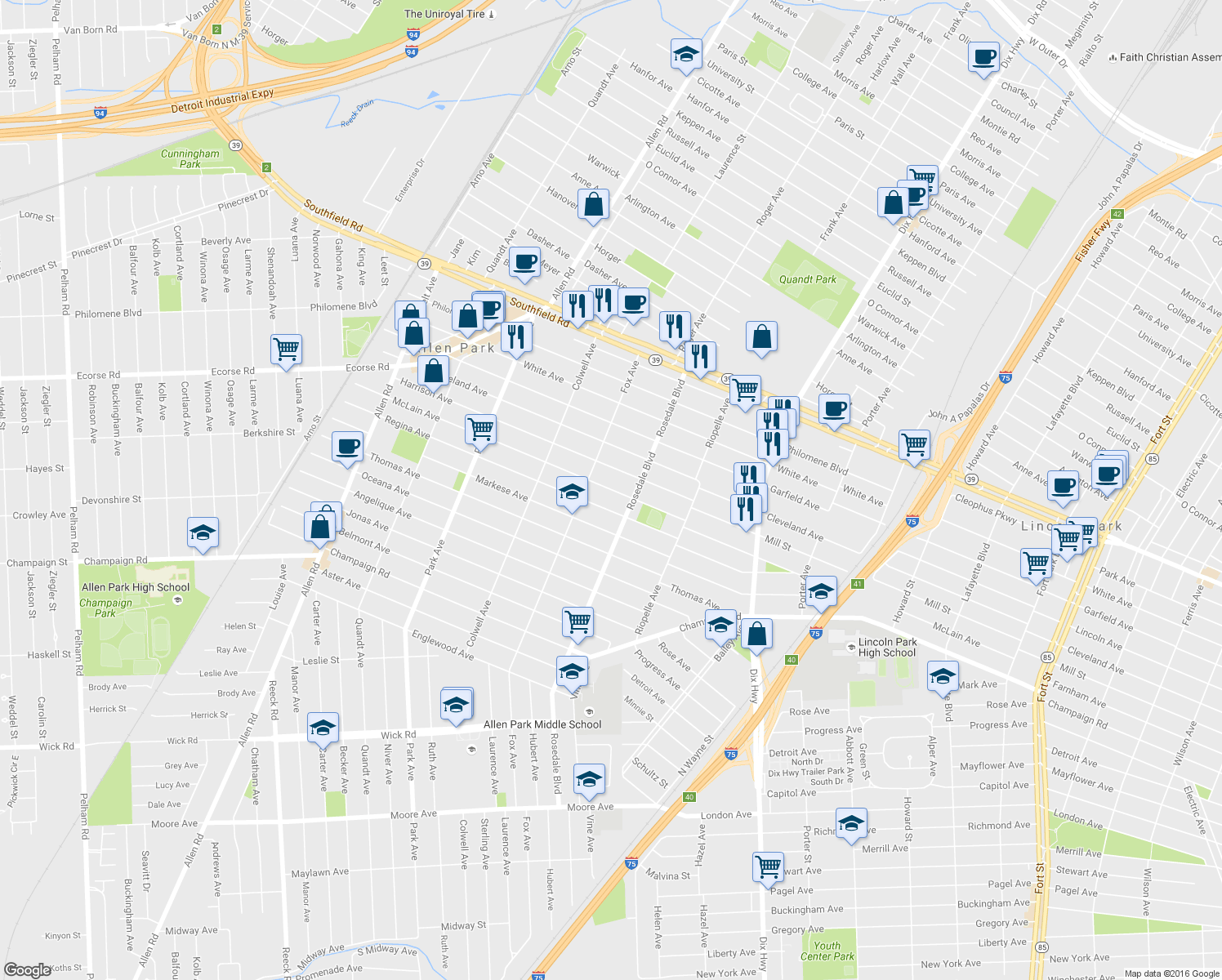 map of restaurants, bars, coffee shops, grocery stores, and more near 14899 McLain Avenue in Allen Park