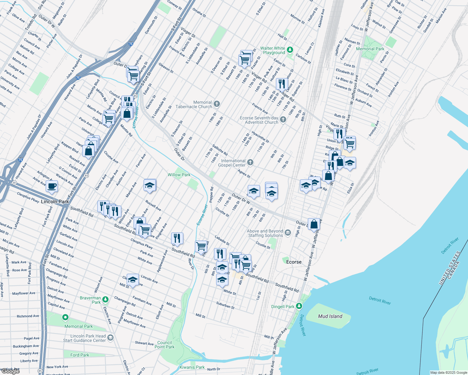 map of restaurants, bars, coffee shops, grocery stores, and more near 4176 11th St in Ecorse