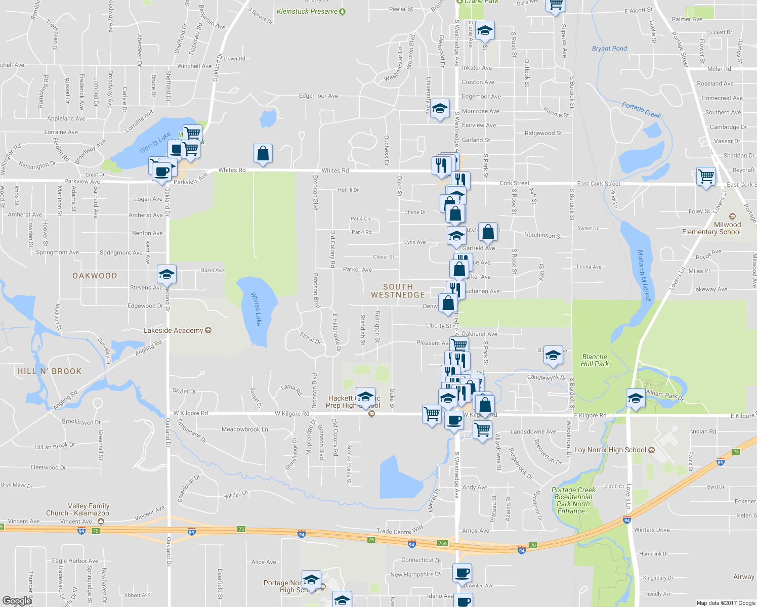 map of restaurants, bars, coffee shops, grocery stores, and more near 906 Denway Drive in Kalamazoo