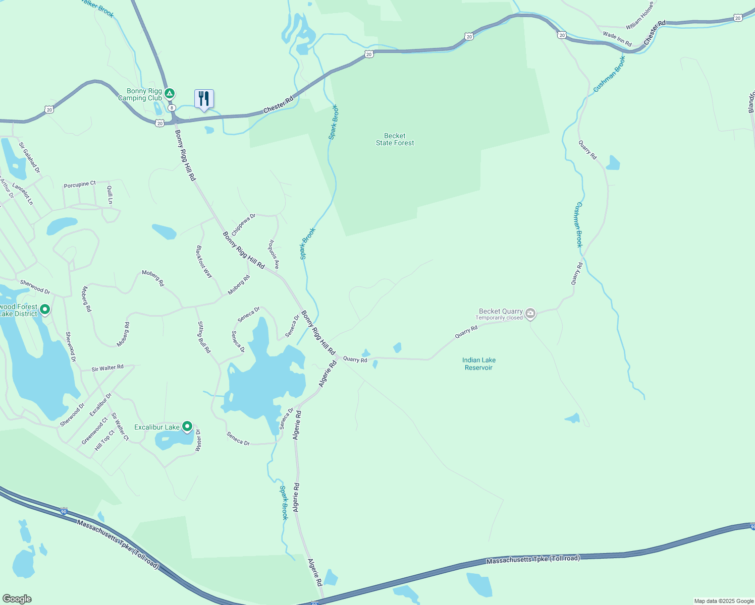 map of restaurants, bars, coffee shops, grocery stores, and more near Skyline Ridge Road in Becket