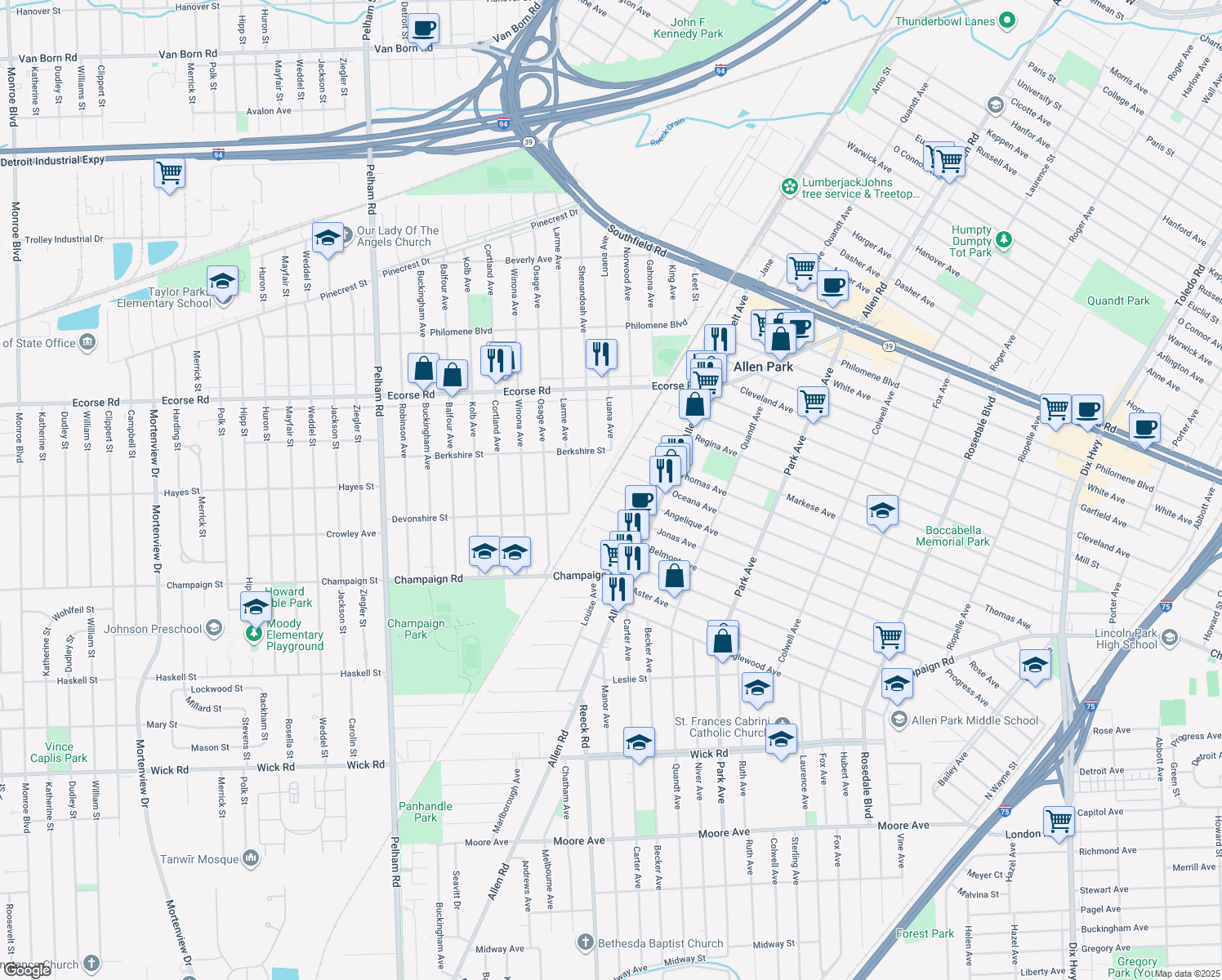 map of restaurants, bars, coffee shops, grocery stores, and more near 14557 Angelique Avenue in Allen Park