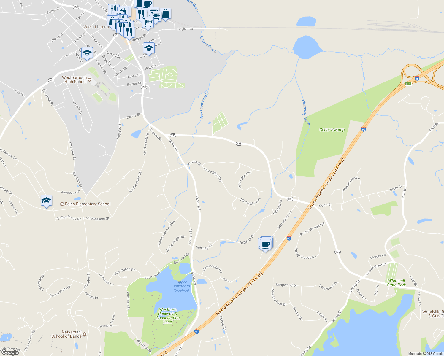 map of restaurants, bars, coffee shops, grocery stores, and more near 16 Piccadilly Way in Westborough