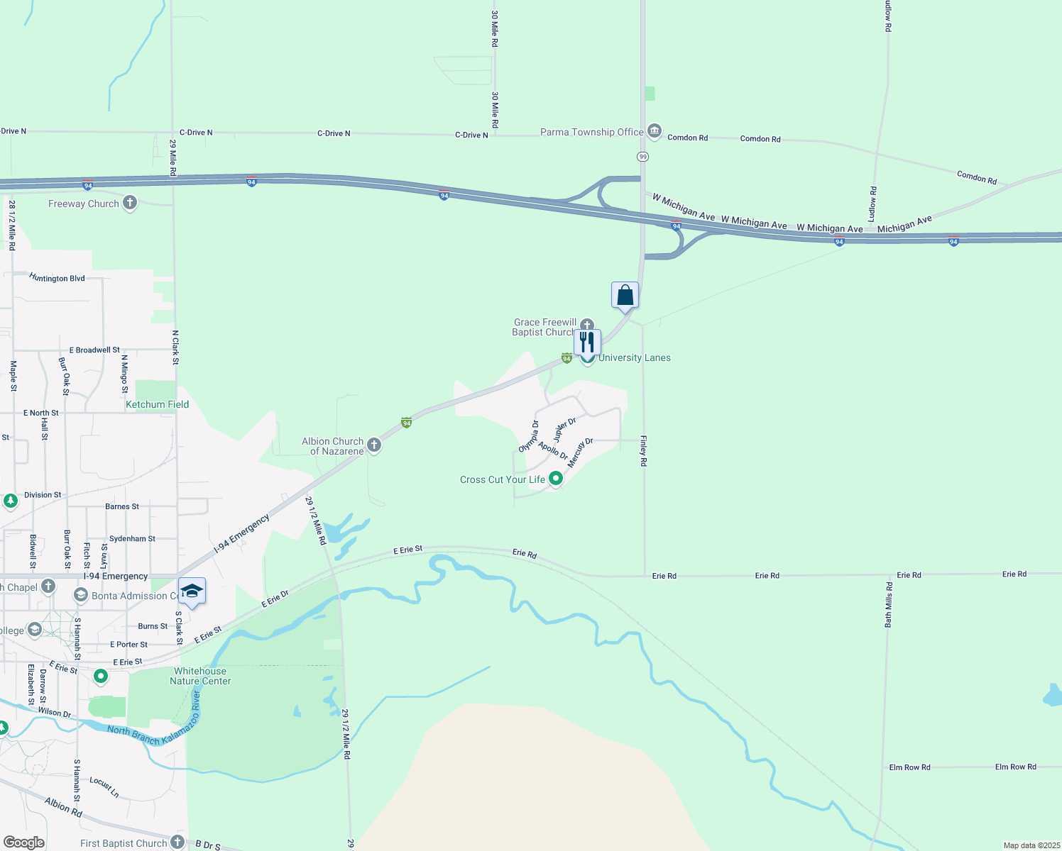 map of restaurants, bars, coffee shops, grocery stores, and more near 825 Athena Dr in Albion