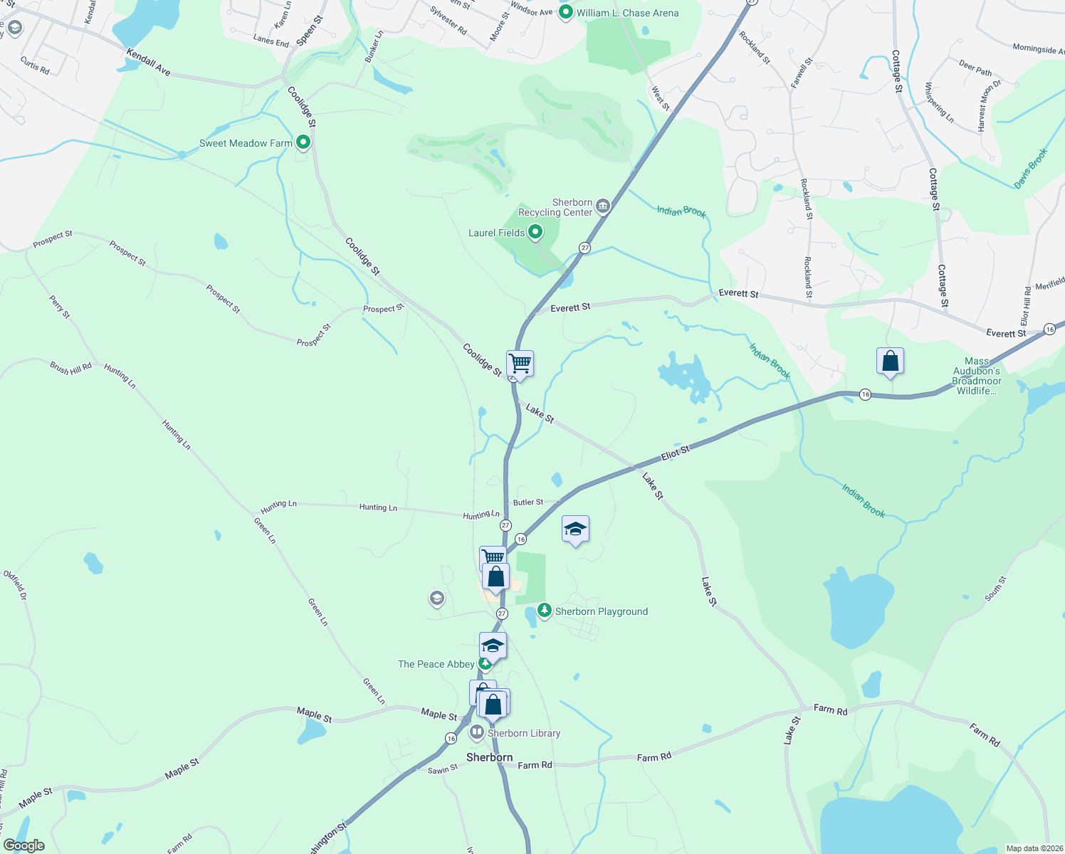 map of restaurants, bars, coffee shops, grocery stores, and more near 86 North Main Street in Sherborn