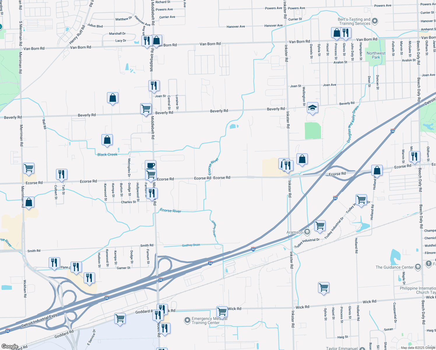map of restaurants, bars, coffee shops, grocery stores, and more near 28428 Ecorse Road in Romulus
