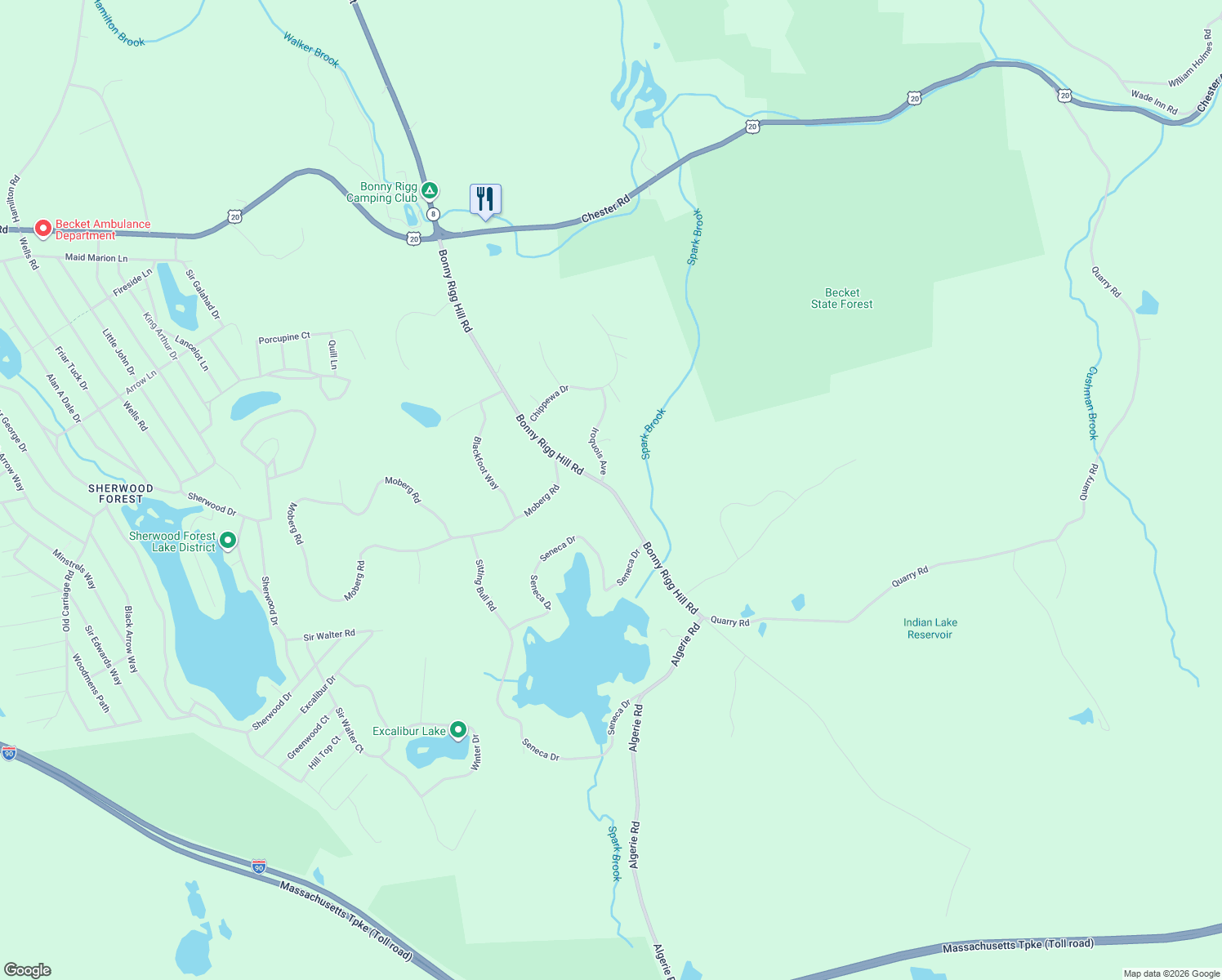 map of restaurants, bars, coffee shops, grocery stores, and more near 526 Bonny Rigg Hill Road in Becket