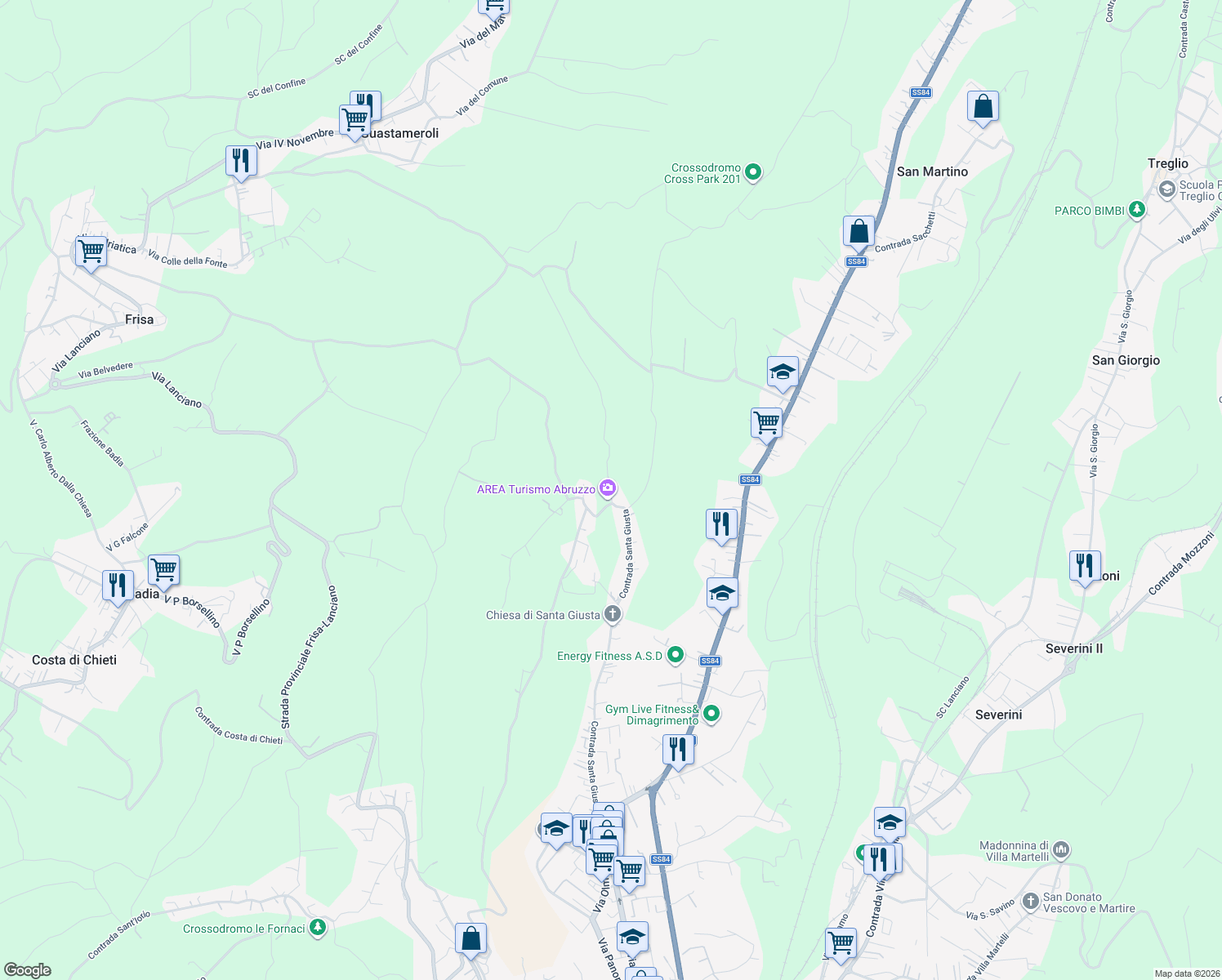 map of restaurants, bars, coffee shops, grocery stores, and more near 258 Contrada Santa Giusta in Lanciano