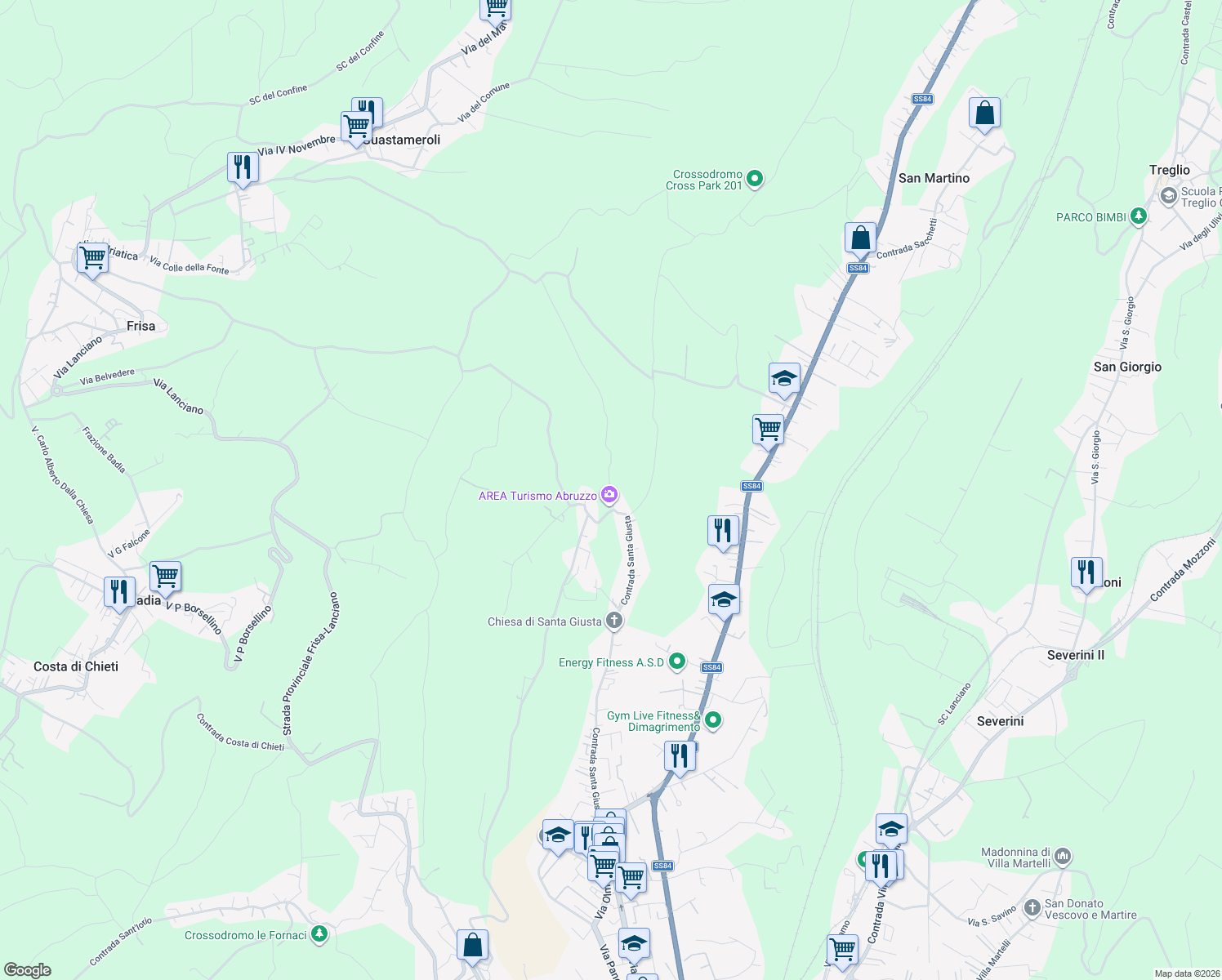 map of restaurants, bars, coffee shops, grocery stores, and more near 258 Contrada Santa Giusta in Lanciano