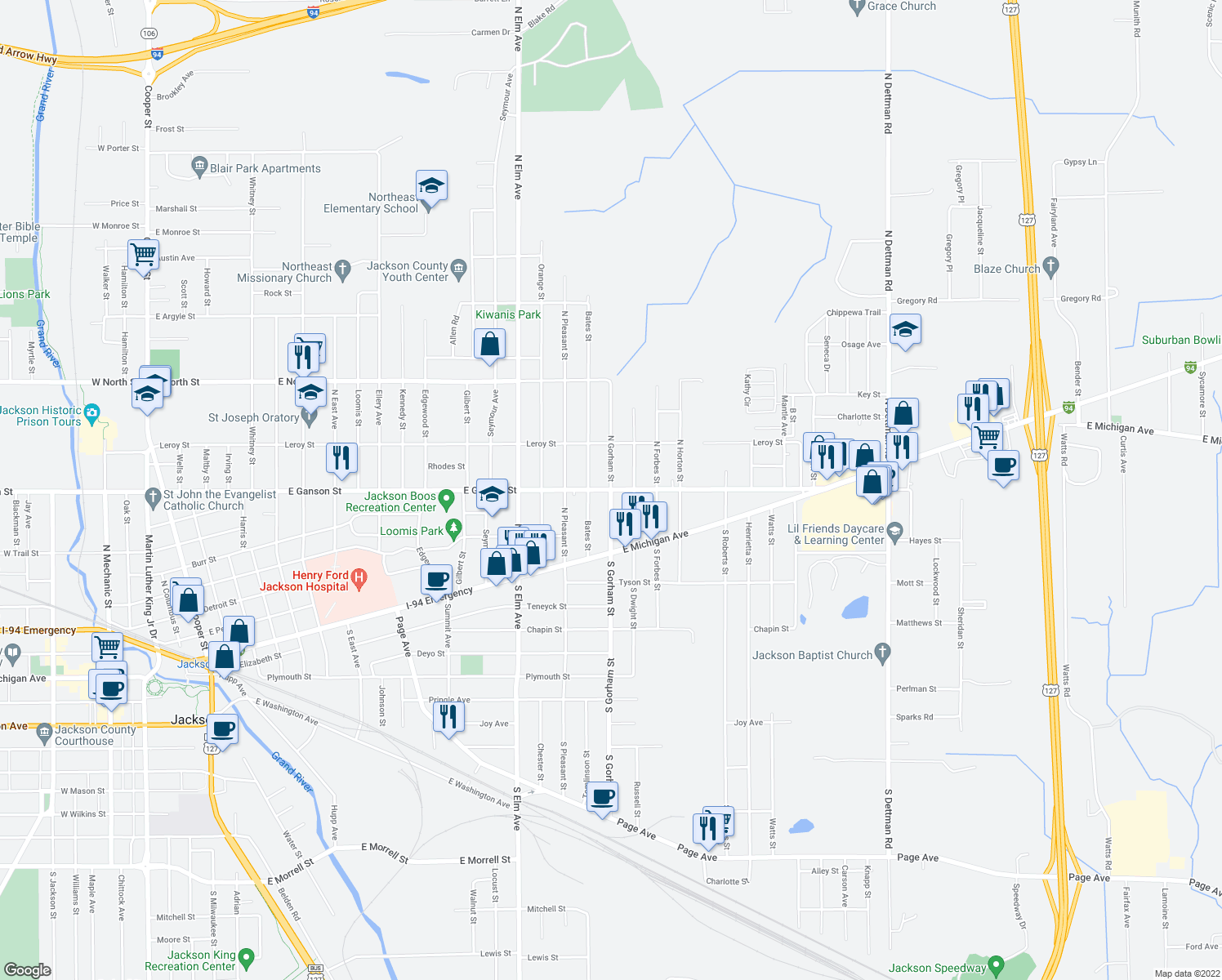 map of restaurants, bars, coffee shops, grocery stores, and more near North Gorham Street in Jackson