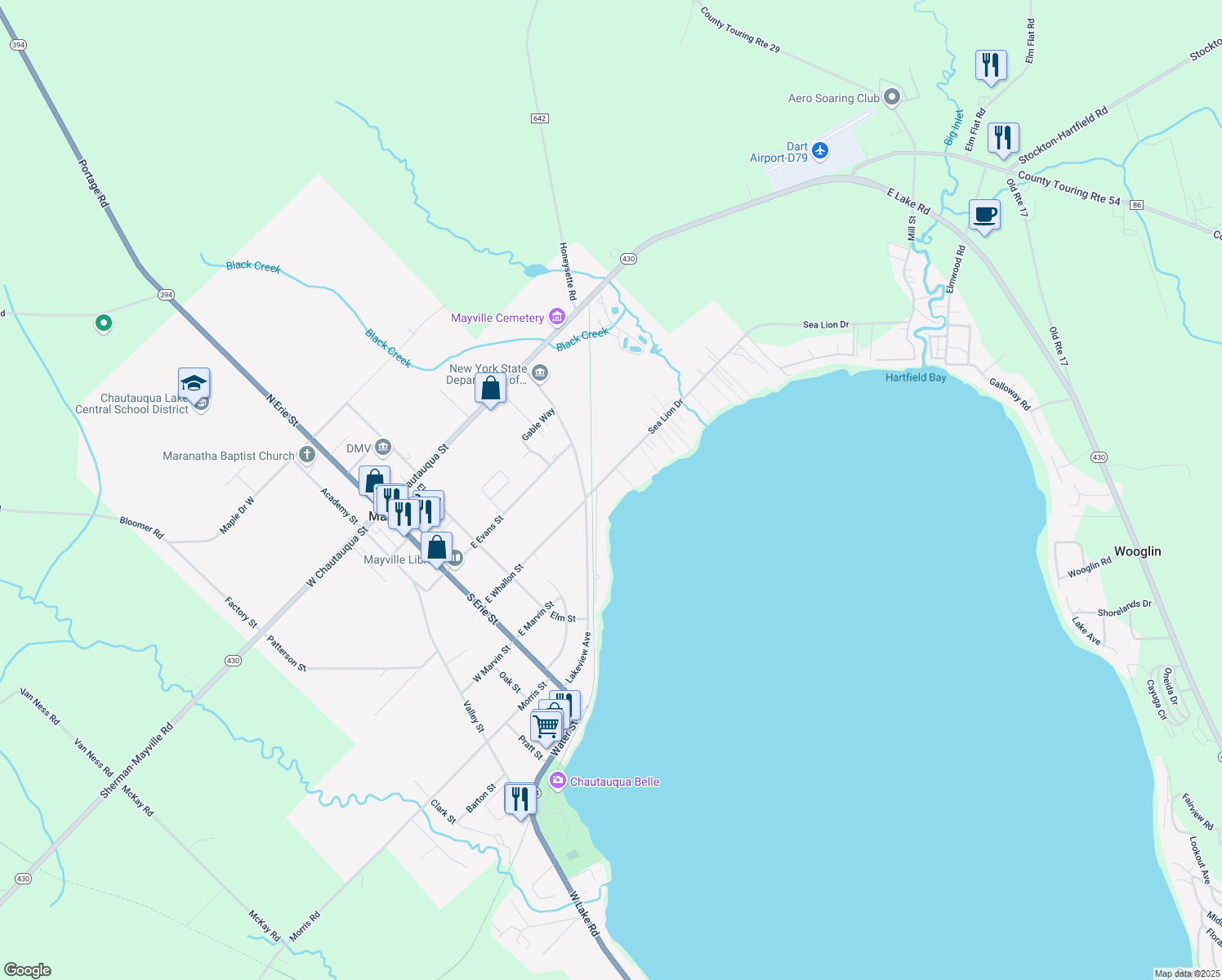 map of restaurants, bars, coffee shops, grocery stores, and more near 67 Sea Lion Drive in Mayville