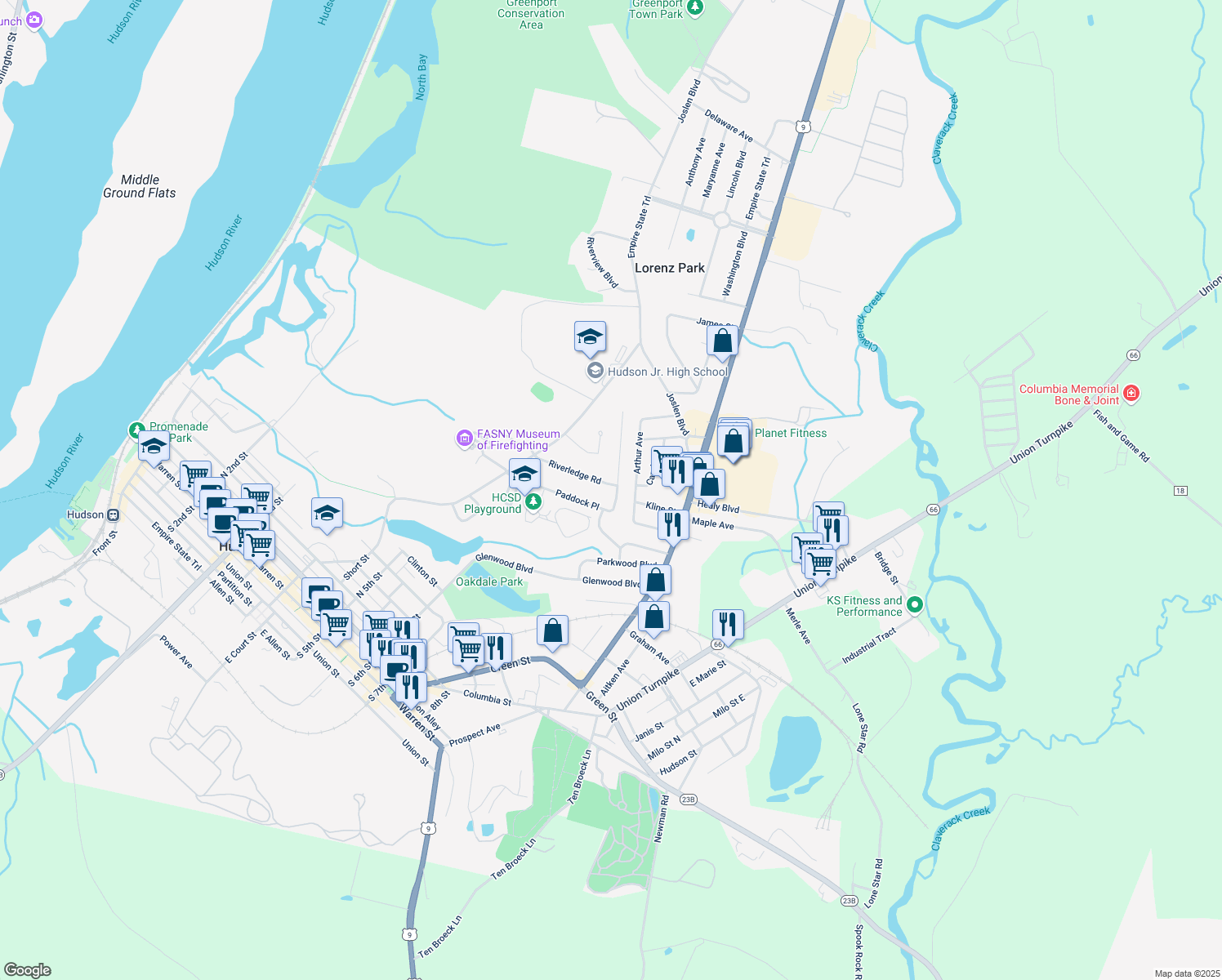 map of restaurants, bars, coffee shops, grocery stores, and more near 5 Joslen Place in Hudson