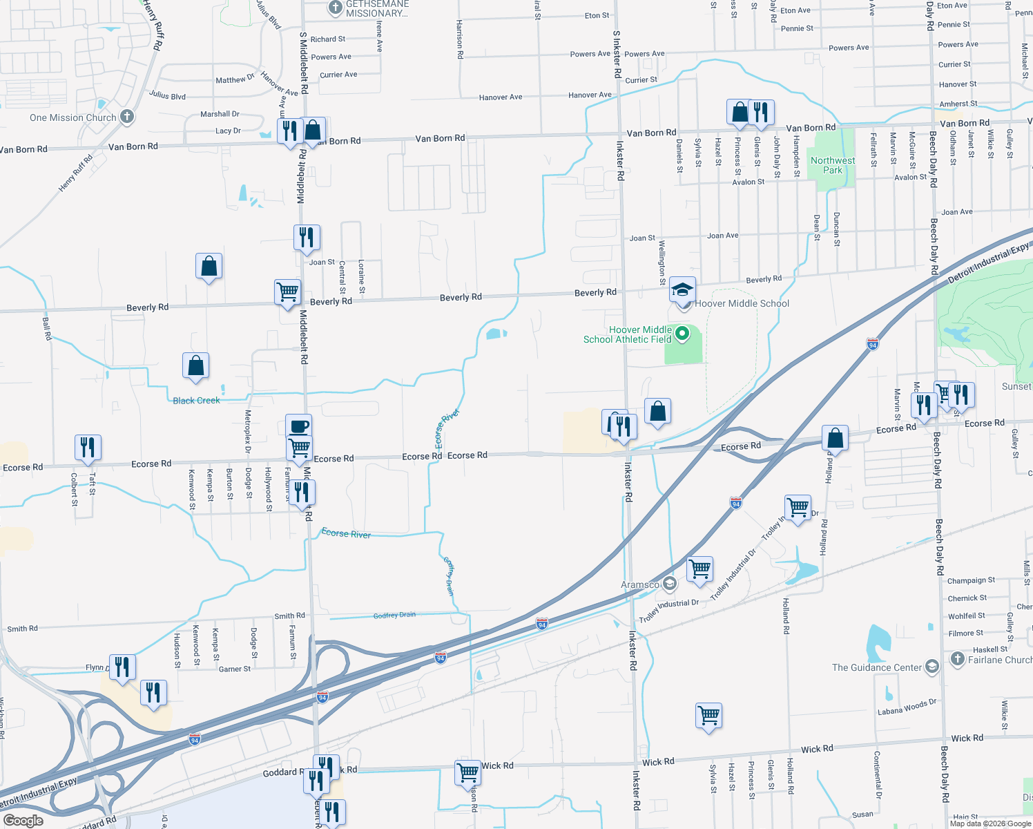 map of restaurants, bars, coffee shops, grocery stores, and more near 6876 Birchdale Street in Romulus