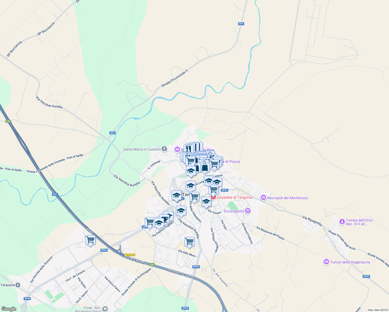 map of restaurants, bars, coffee shops, grocery stores, and more near 45 Via degli Archi in Tarquinia