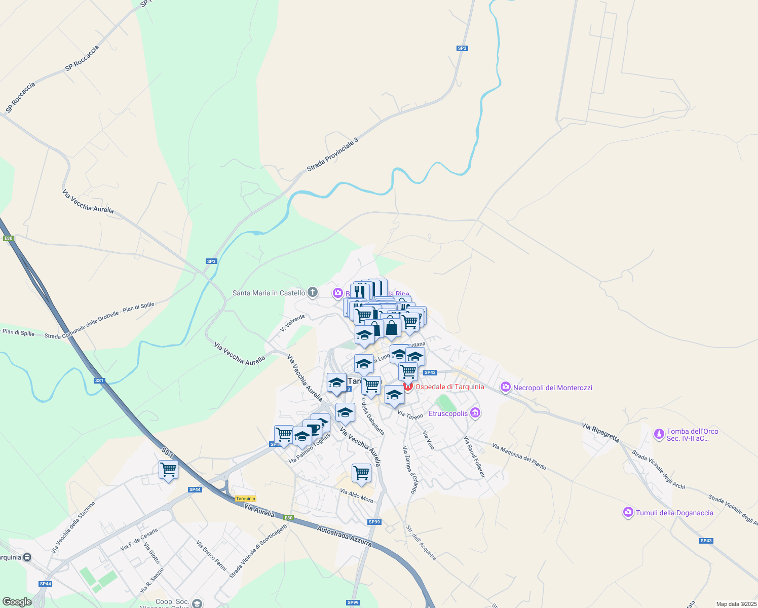 map of restaurants, bars, coffee shops, grocery stores, and more near 43-45 Via degli Archi in Tarquinia
