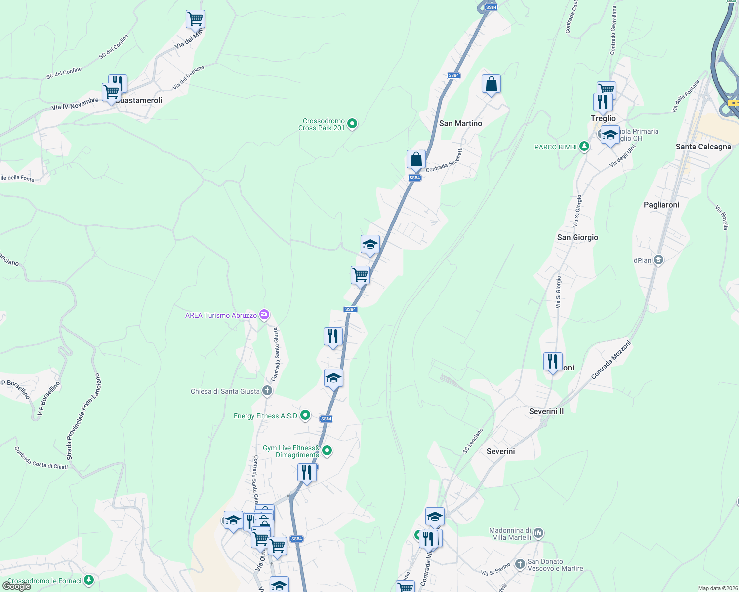 map of restaurants, bars, coffee shops, grocery stores, and more near 87 Contrada Torre Sansone in Lanciano