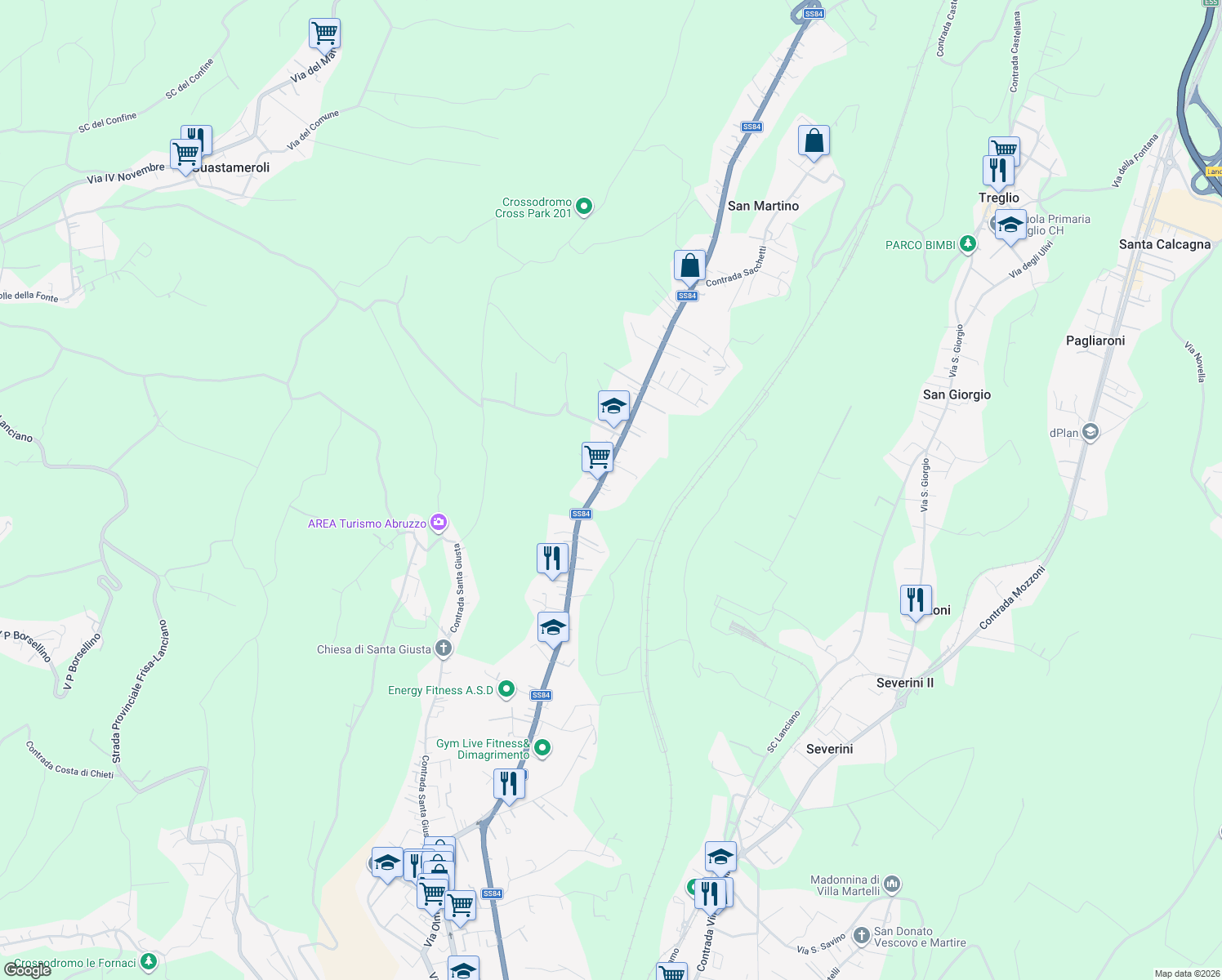 map of restaurants, bars, coffee shops, grocery stores, and more near 87 Contrada Torre Sansone in Lanciano