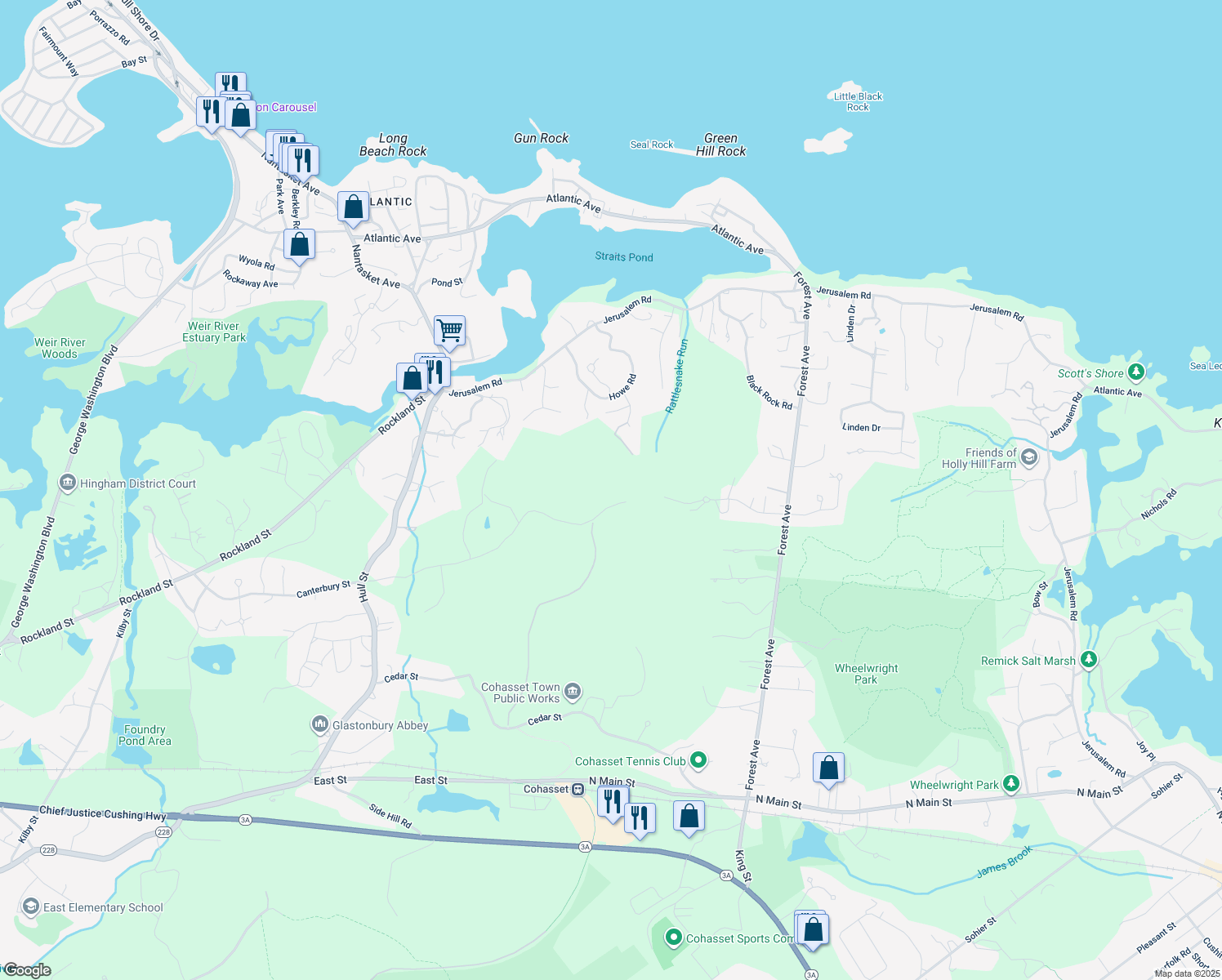 map of restaurants, bars, coffee shops, grocery stores, and more near 188 Lamberts Lane in Cohasset