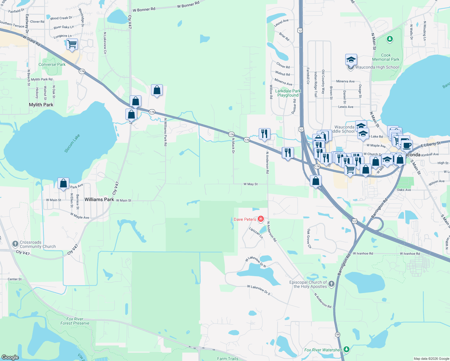 map of restaurants, bars, coffee shops, grocery stores, and more near 27310 W May St in Wauconda