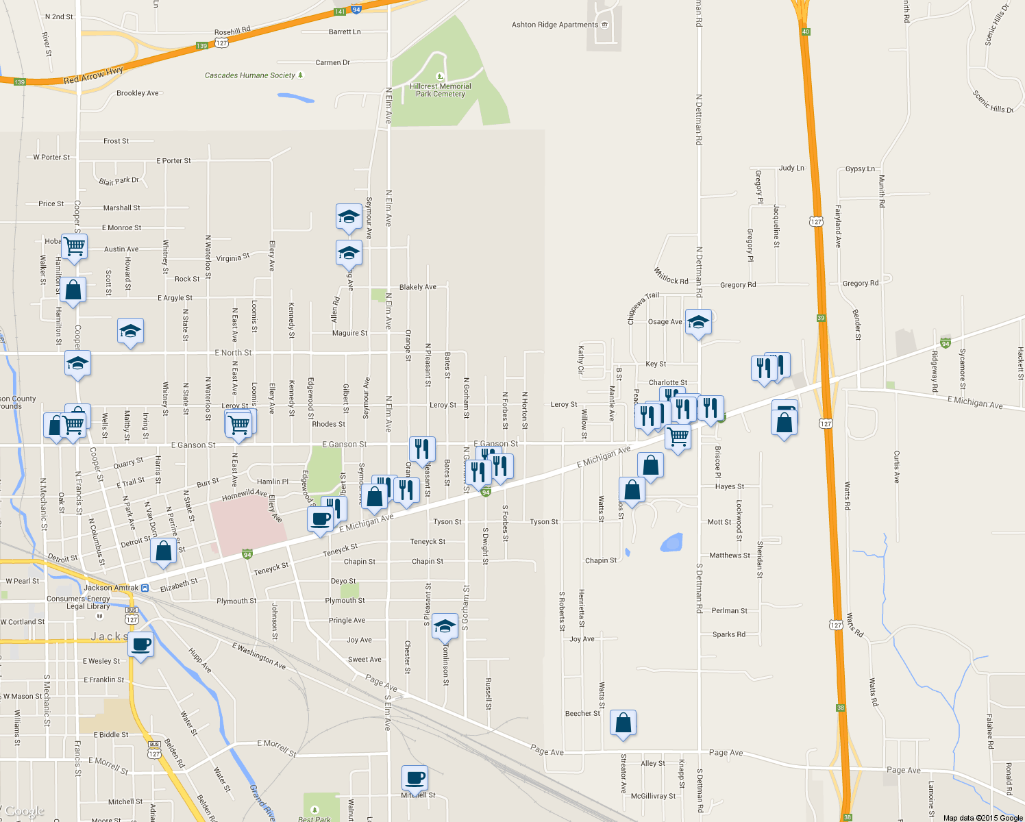 map of restaurants, bars, coffee shops, grocery stores, and more near 237 North Forbes Street in Jackson