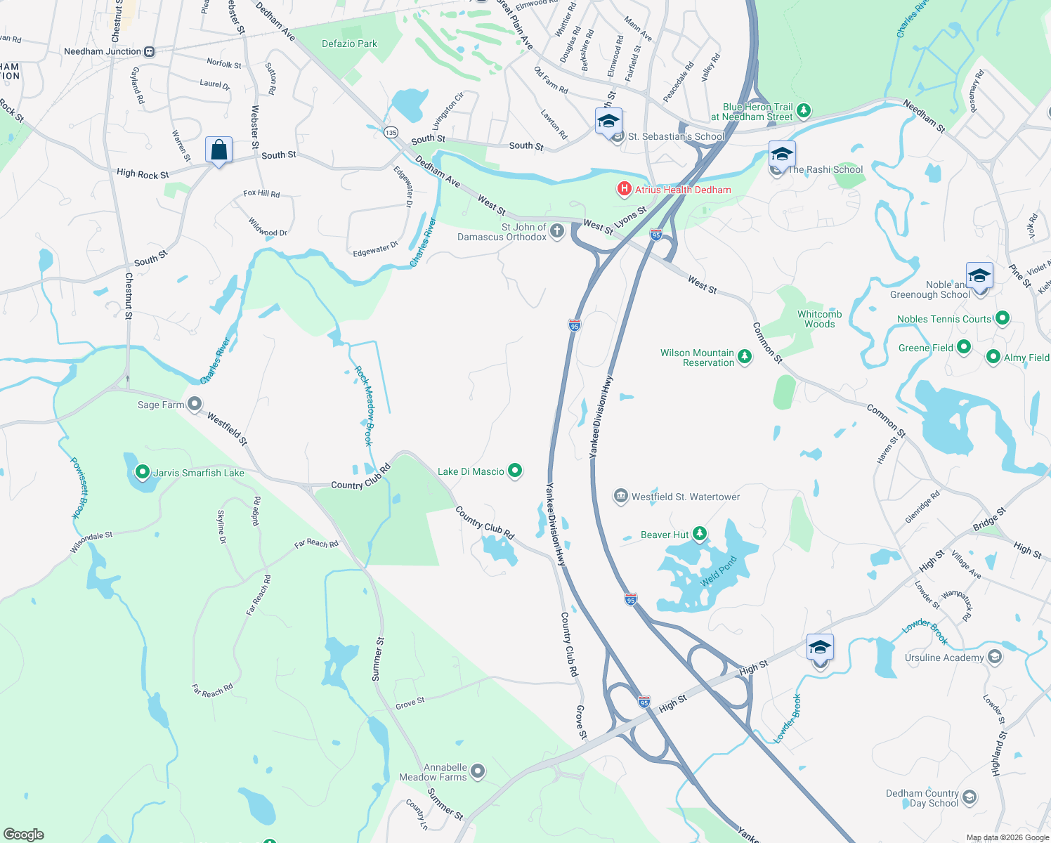 map of restaurants, bars, coffee shops, grocery stores, and more near 123 Schoolmasters Lane in Dedham