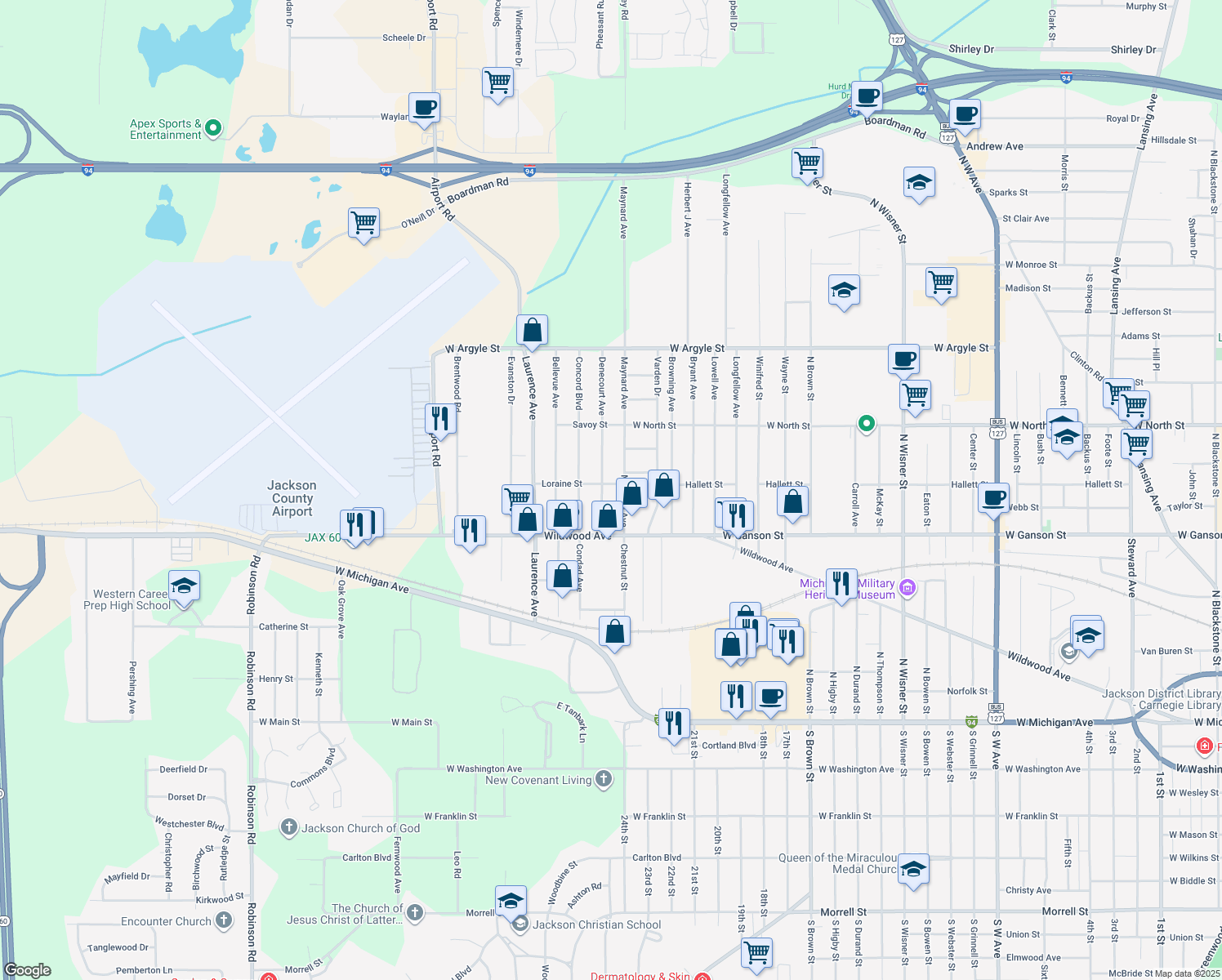 map of restaurants, bars, coffee shops, grocery stores, and more near 791 Denecourt Avenue in Jackson