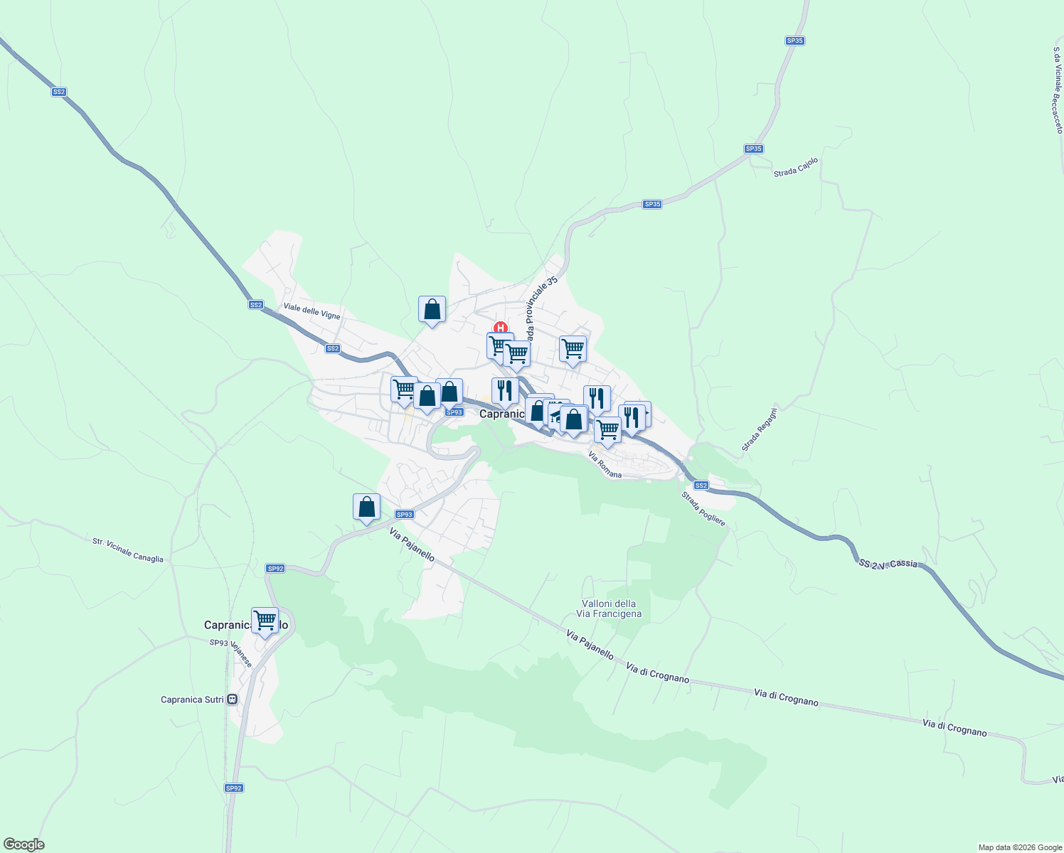 map of restaurants, bars, coffee shops, grocery stores, and more near 15 Viale Nardini in Capranica