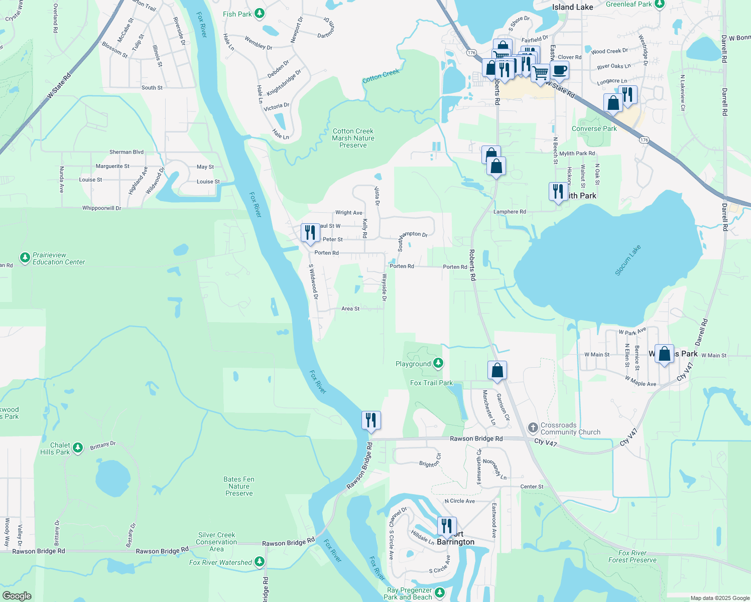 map of restaurants, bars, coffee shops, grocery stores, and more near 704 Area Street in McHenry
