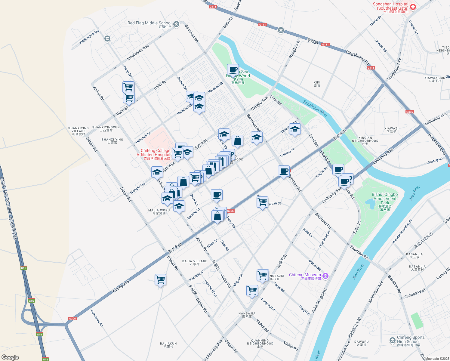 map of restaurants, bars, coffee shops, grocery stores, and more near in Chifeng