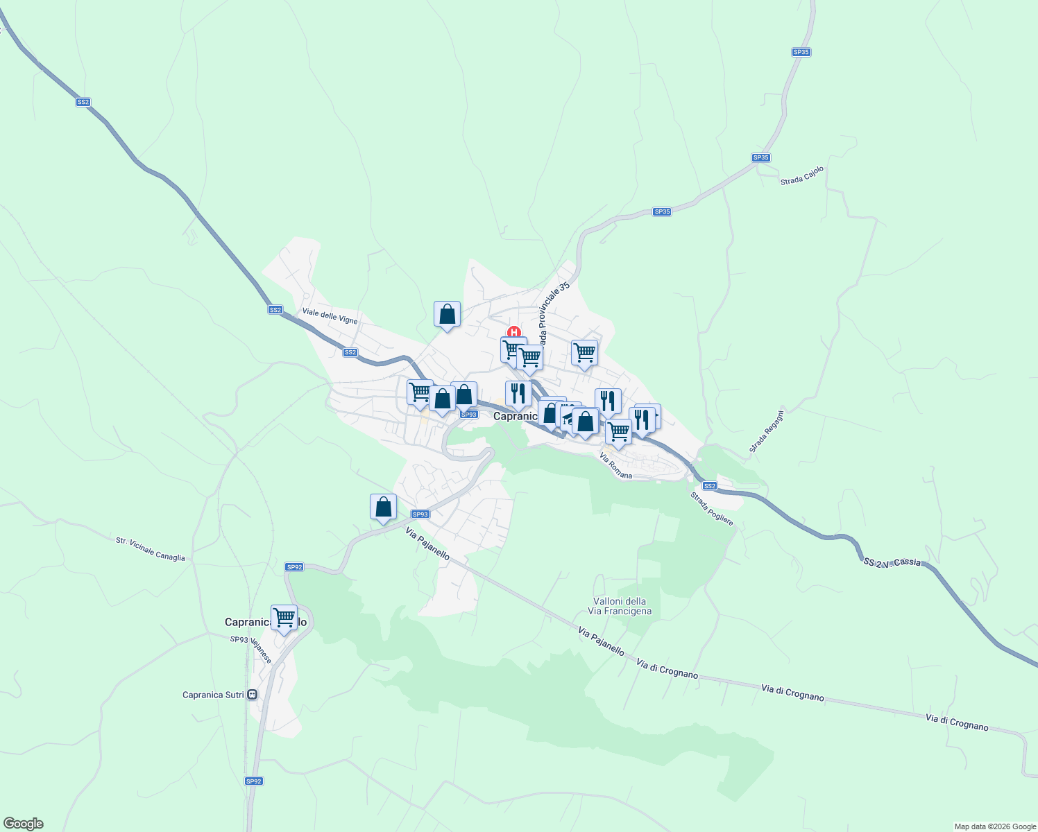 map of restaurants, bars, coffee shops, grocery stores, and more near 15 Viale Nardini in Capranica