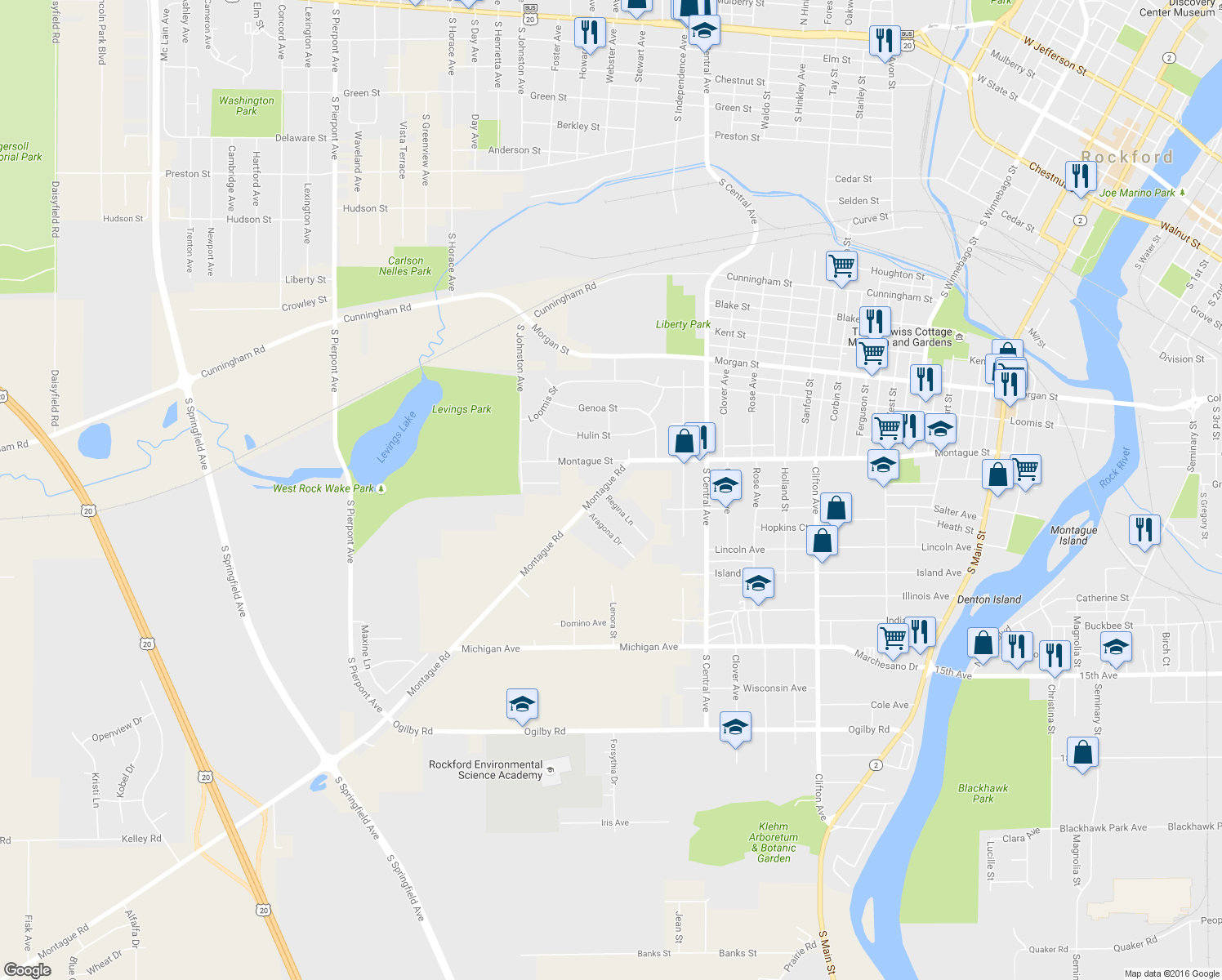 map of restaurants, bars, coffee shops, grocery stores, and more near 1632 Montague Road in Rockford