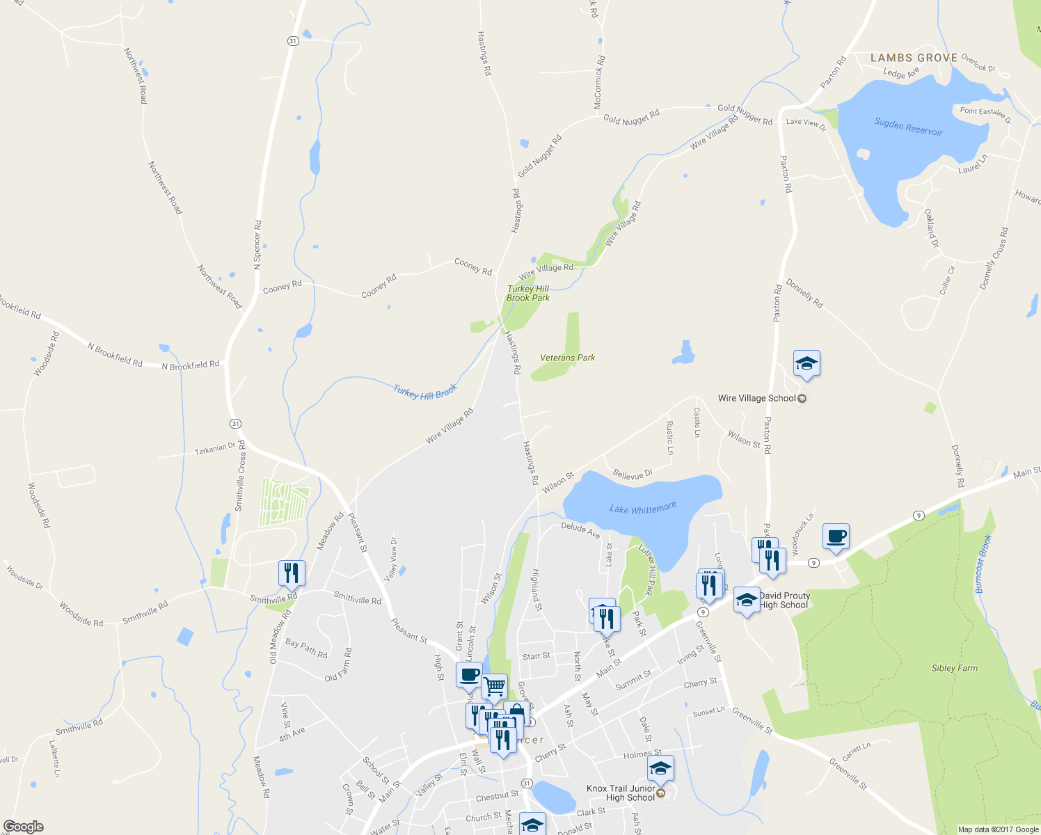 map of restaurants, bars, coffee shops, grocery stores, and more near 15 Hastings Road in Spencer