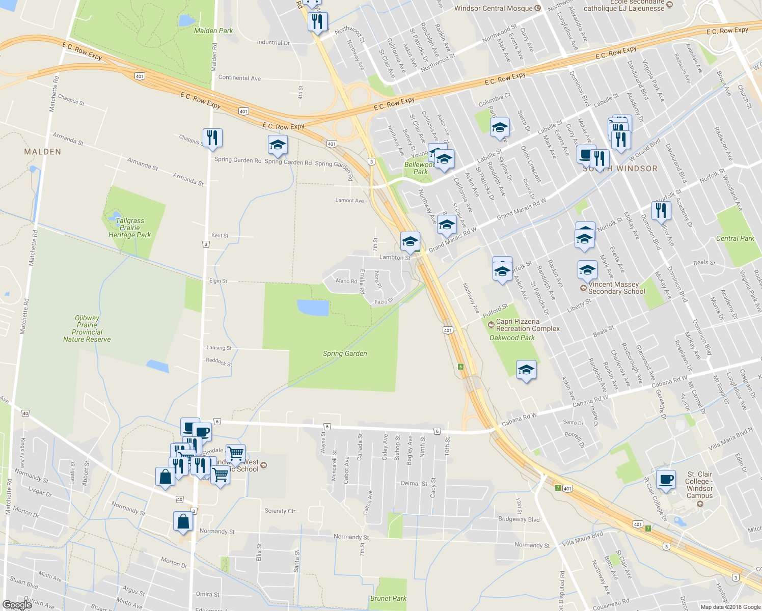 map of restaurants, bars, coffee shops, grocery stores, and more near 3154 Fazio Drive in Windsor