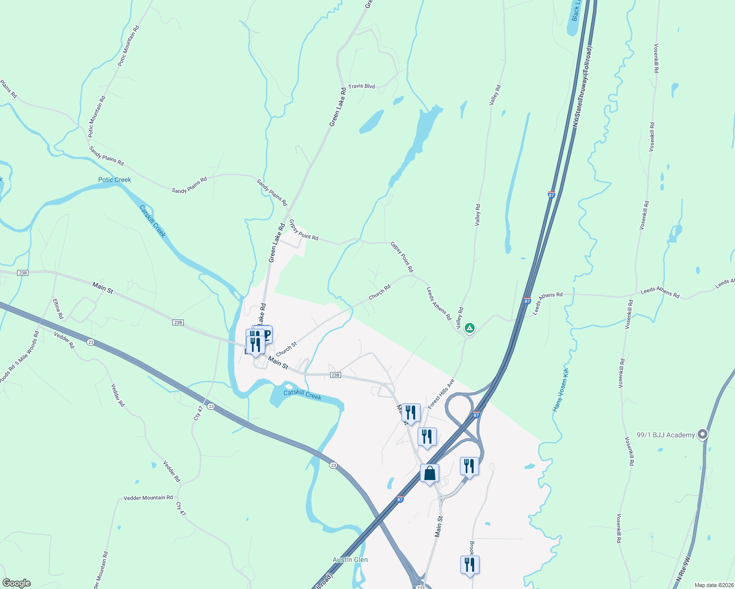 map of restaurants, bars, coffee shops, grocery stores, and more near 191 Church St in Catskill